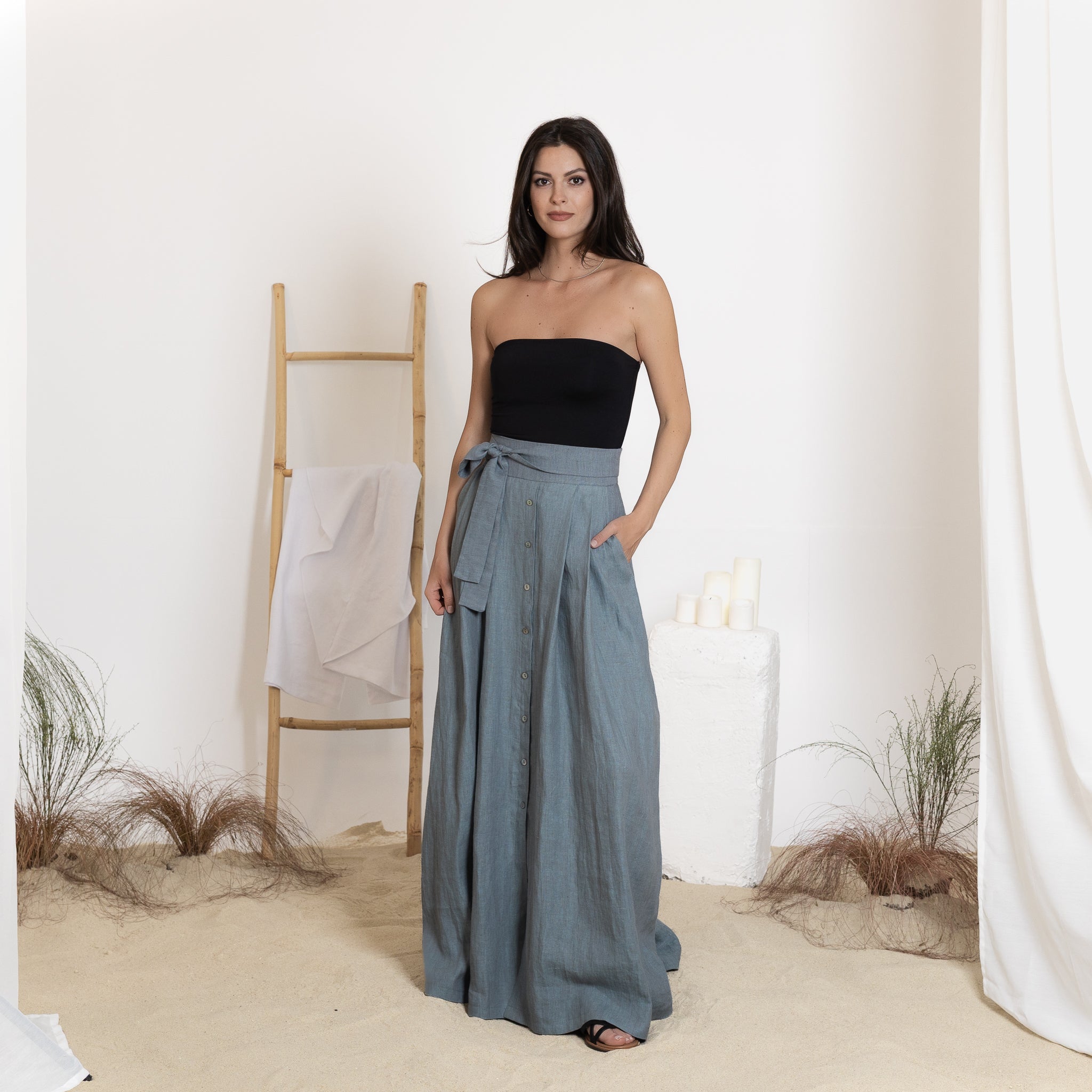 Front view of maxi linen skirt with pockets