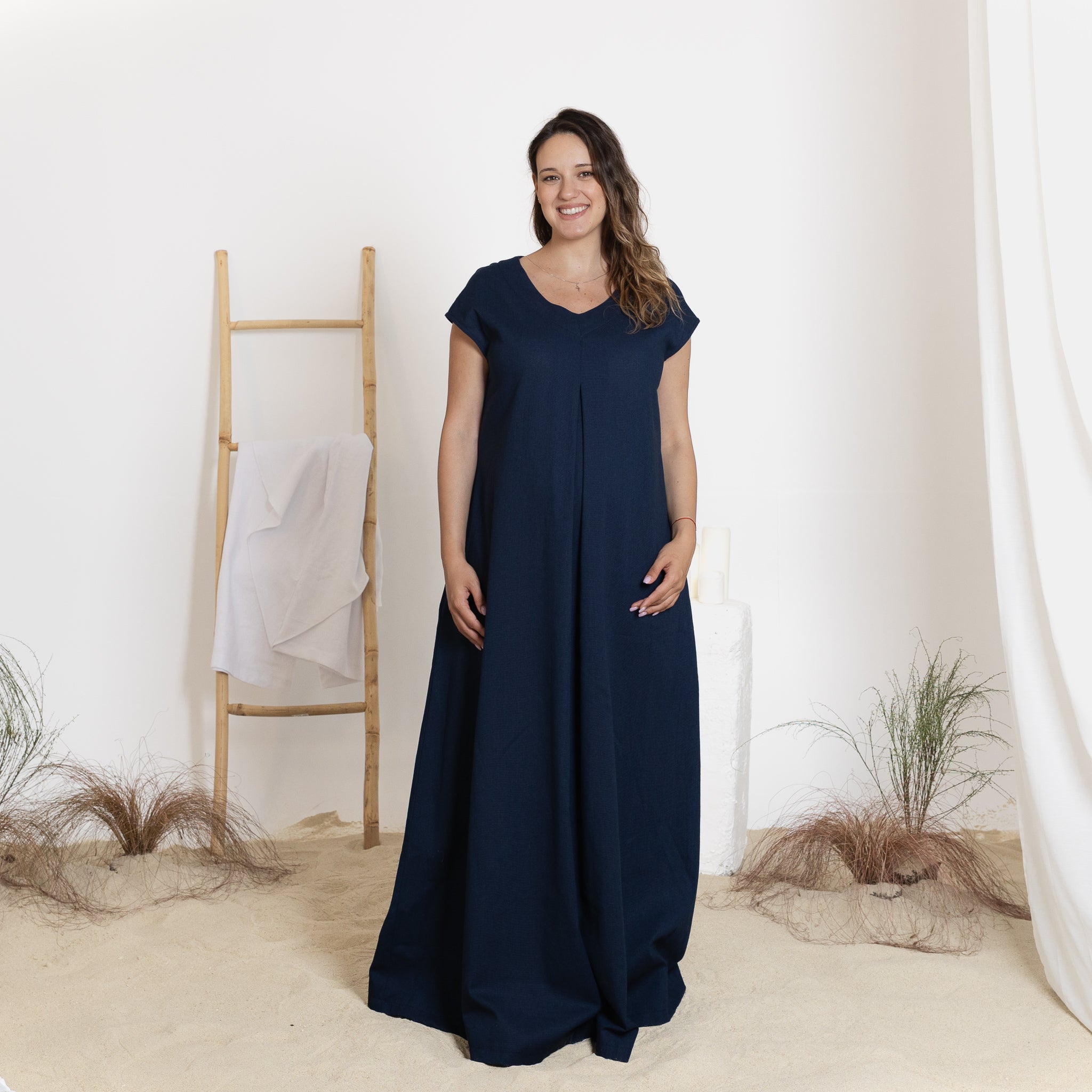 Front view of maxi linen dress in dark blue