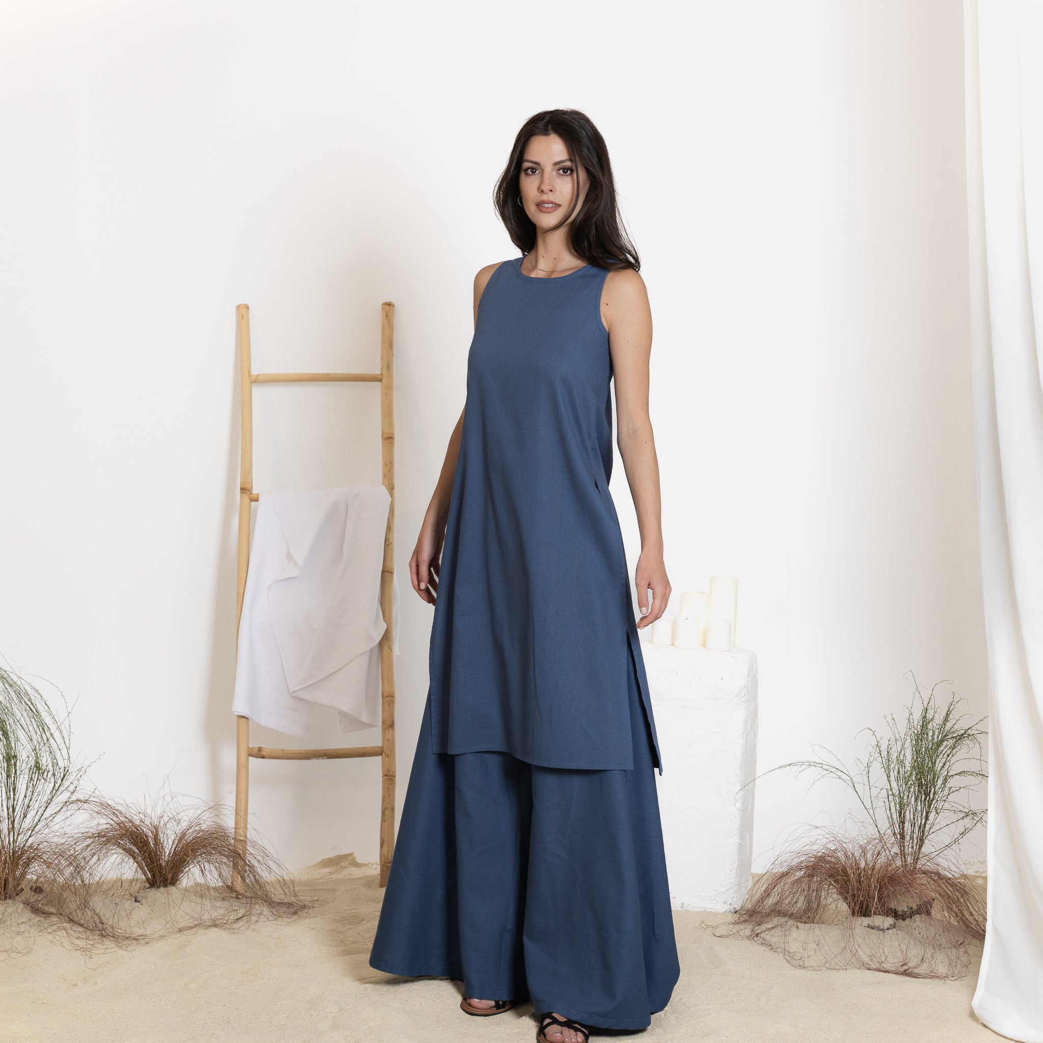 Front View of Linen Set of Tunic and Pants in Slate Blue Color