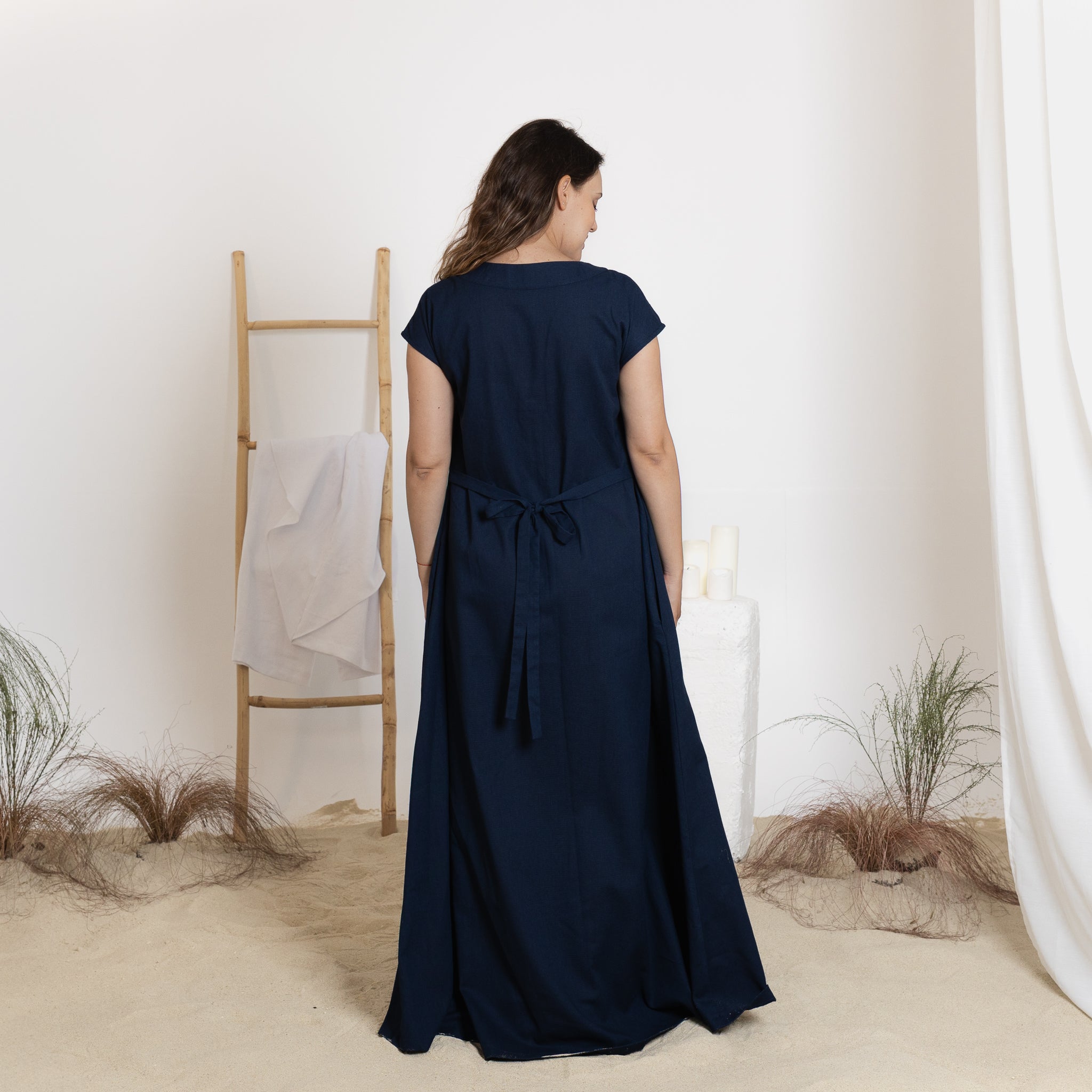 Back view of maxi linen dress with back tie