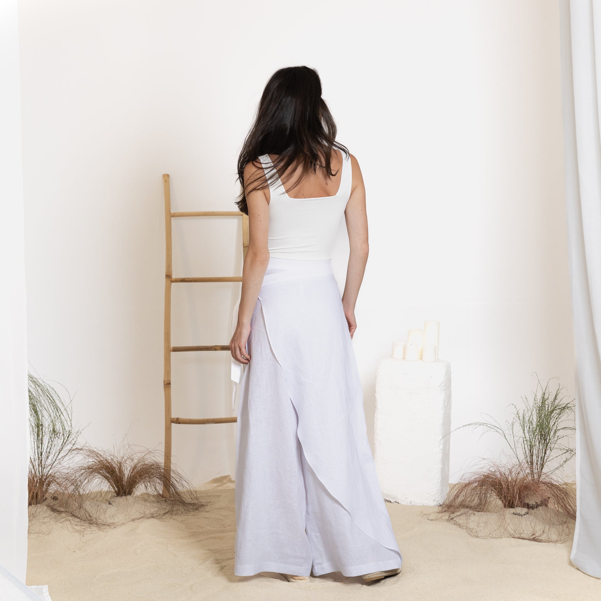 Back view of linen wrap pants