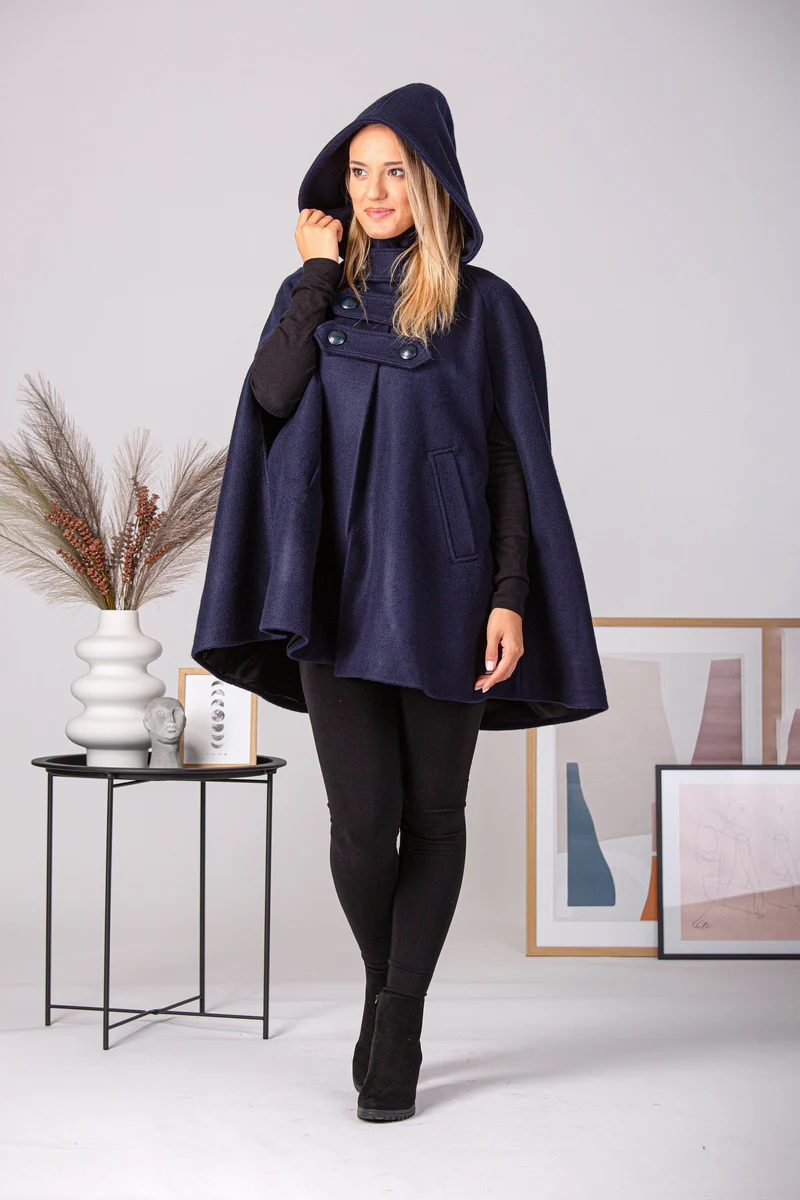 Blue Sophisticated wool cape for winter layering