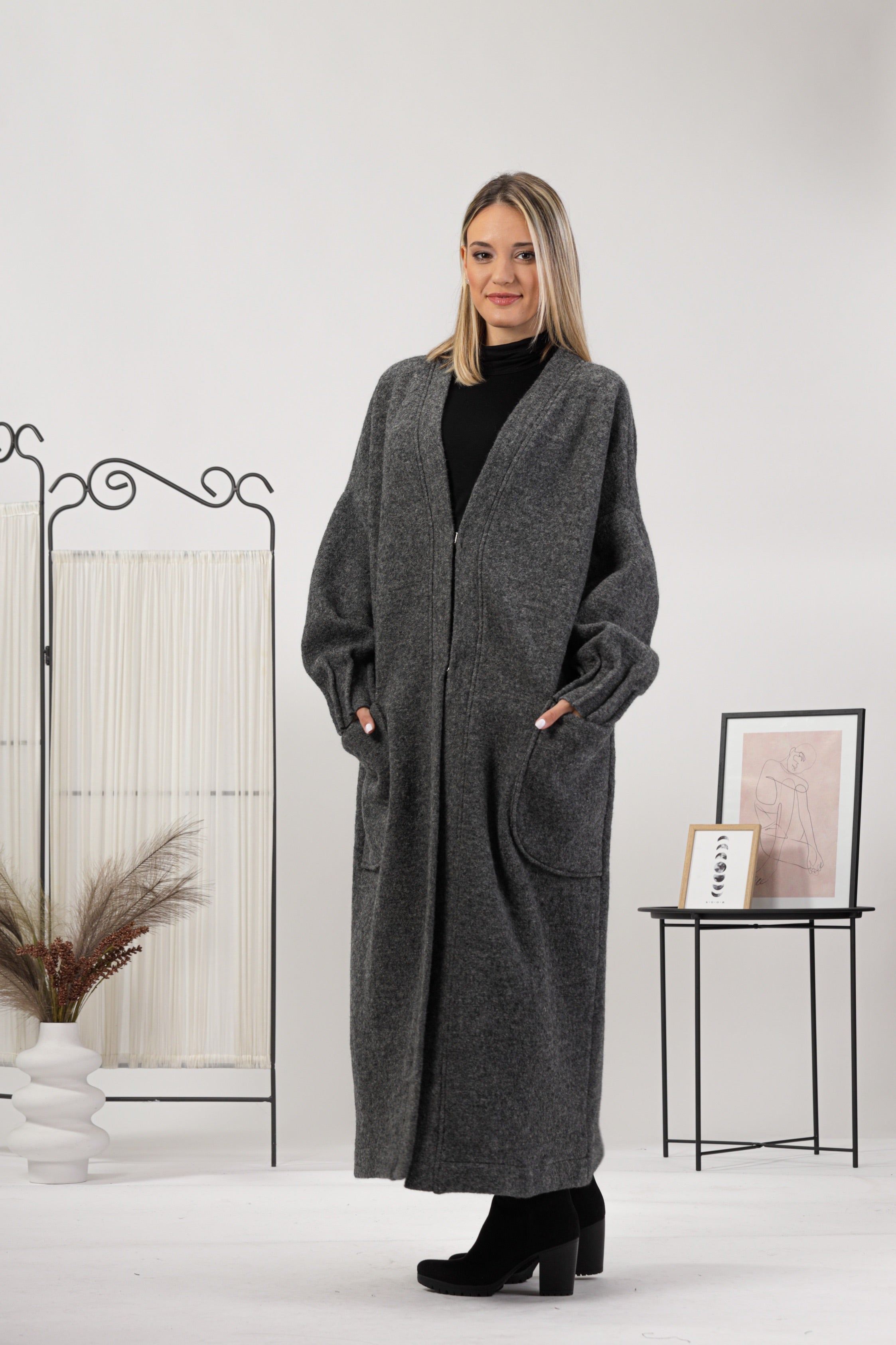 Charcoal Warm Wool Maxi Cardigan Straight Silhouette - from Nikka Place | Effortless fashion for easy living