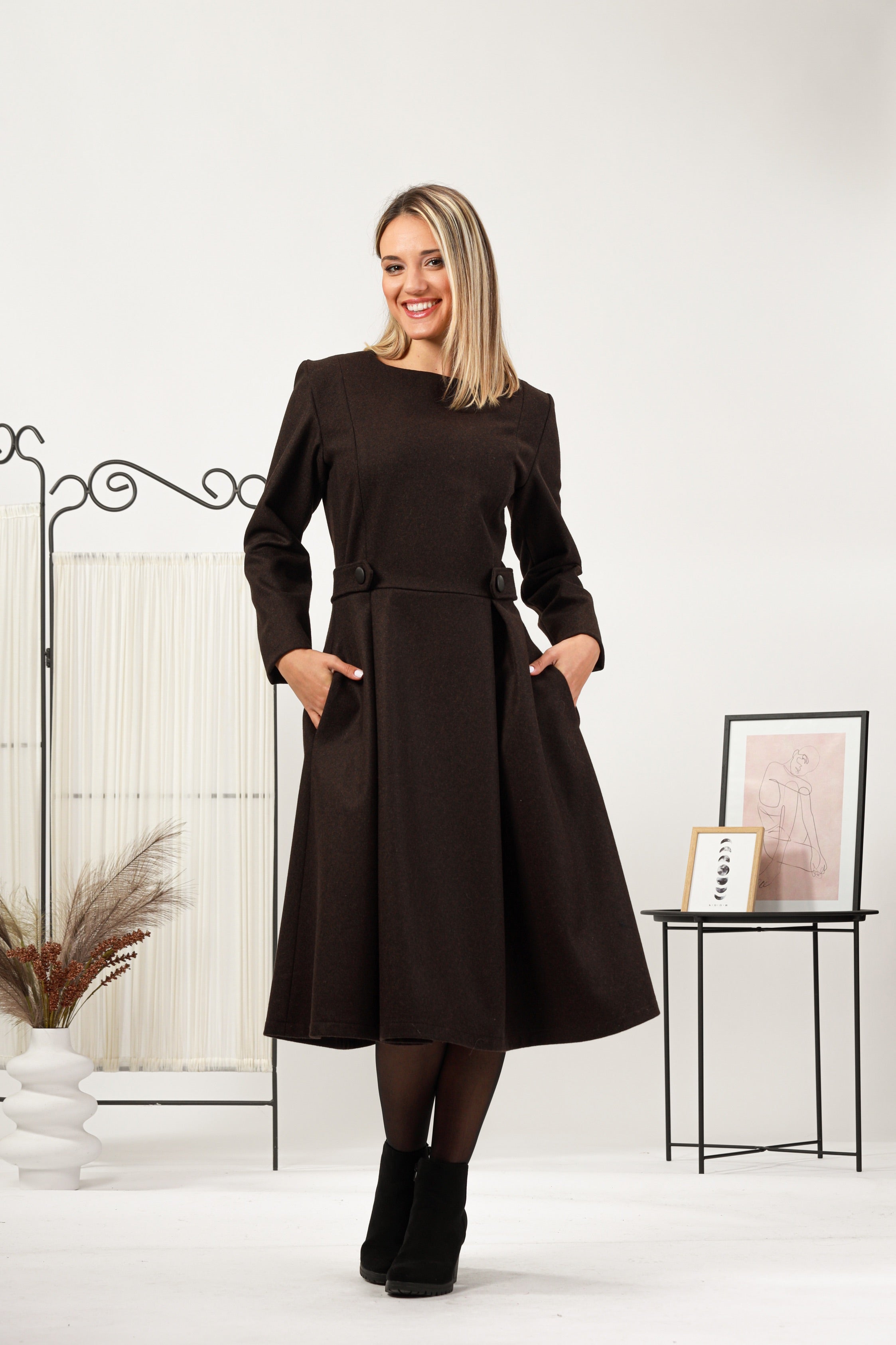 Wool A-line winter dress with pockets