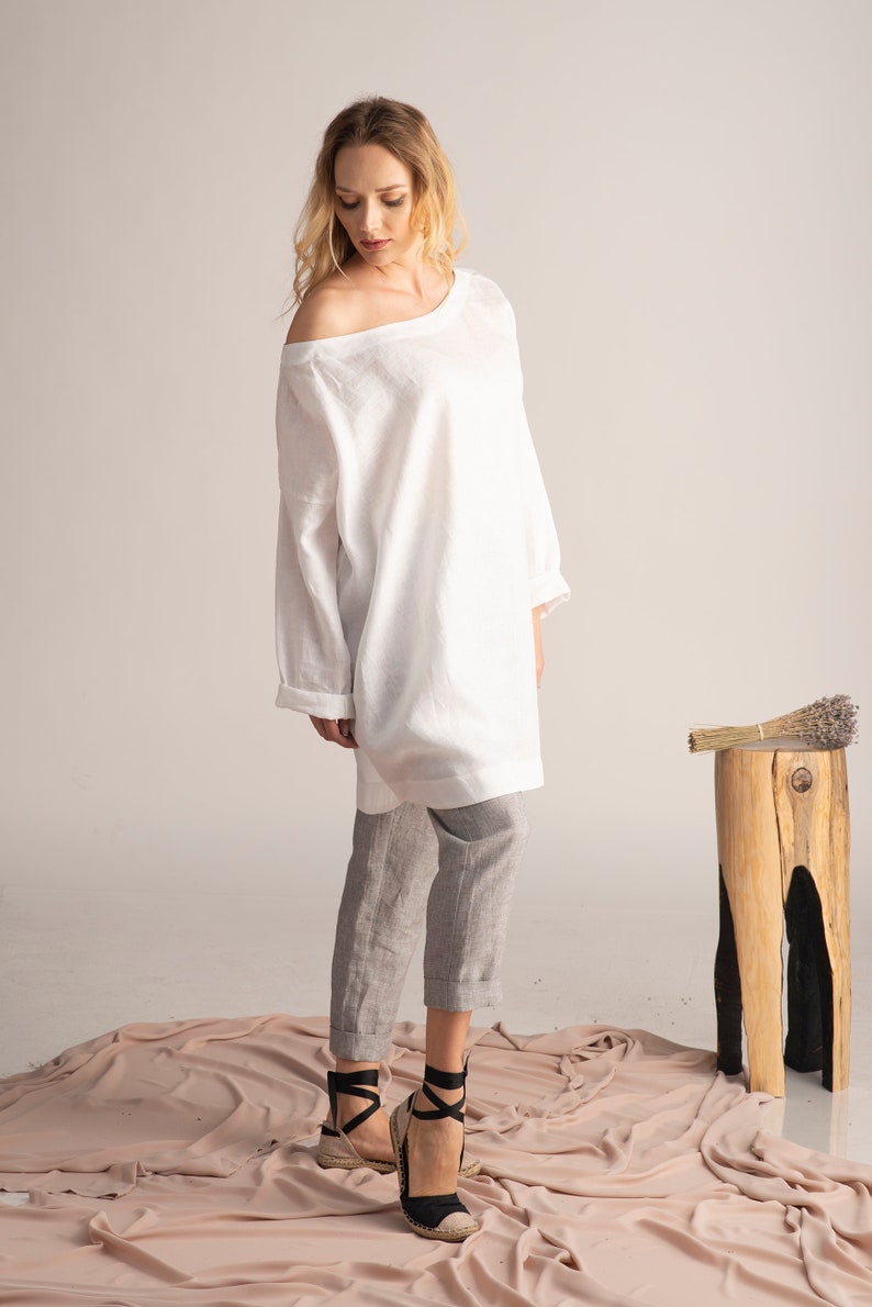 Side view of Off shoulder linen tunic for women
