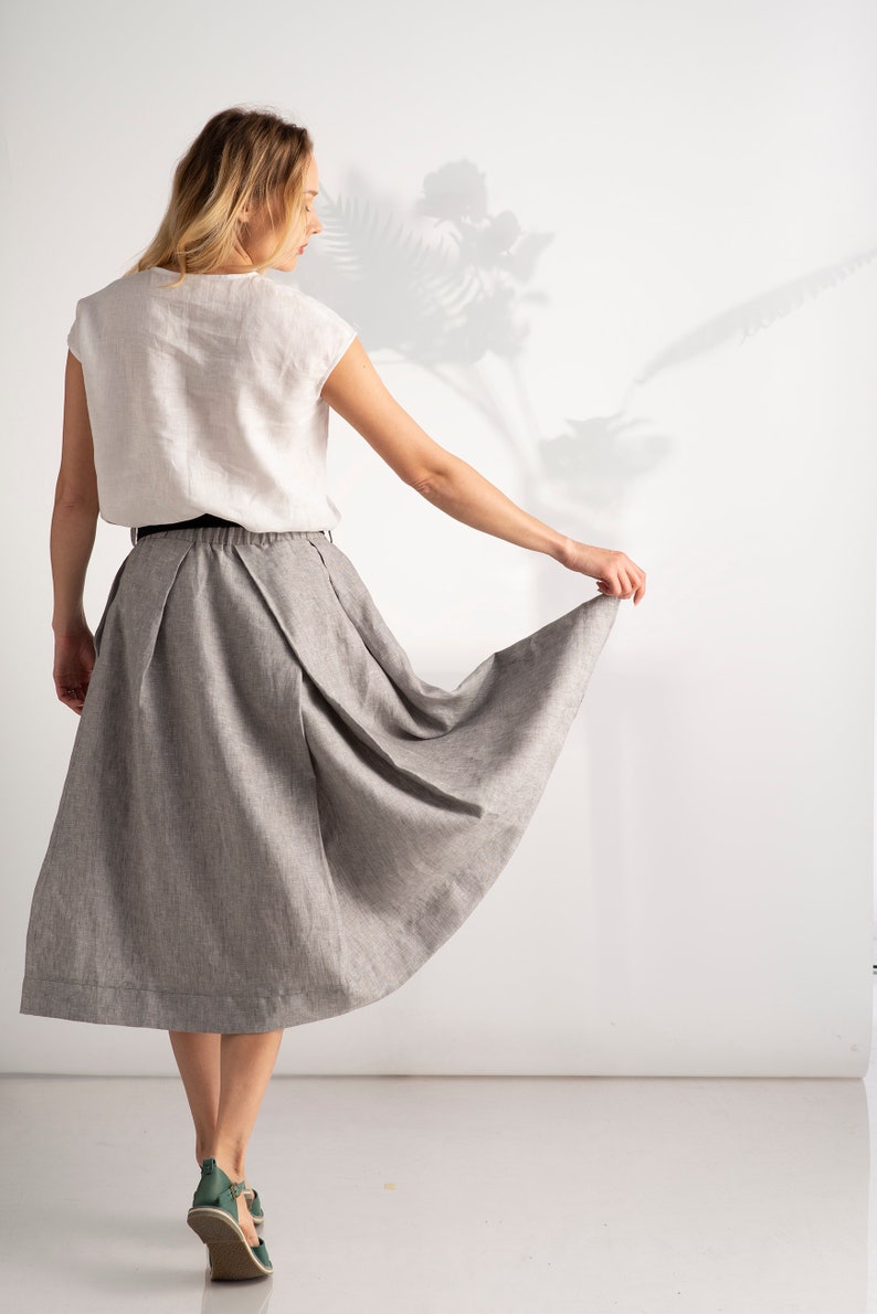 Back view of Italian linen flared skirt with belt