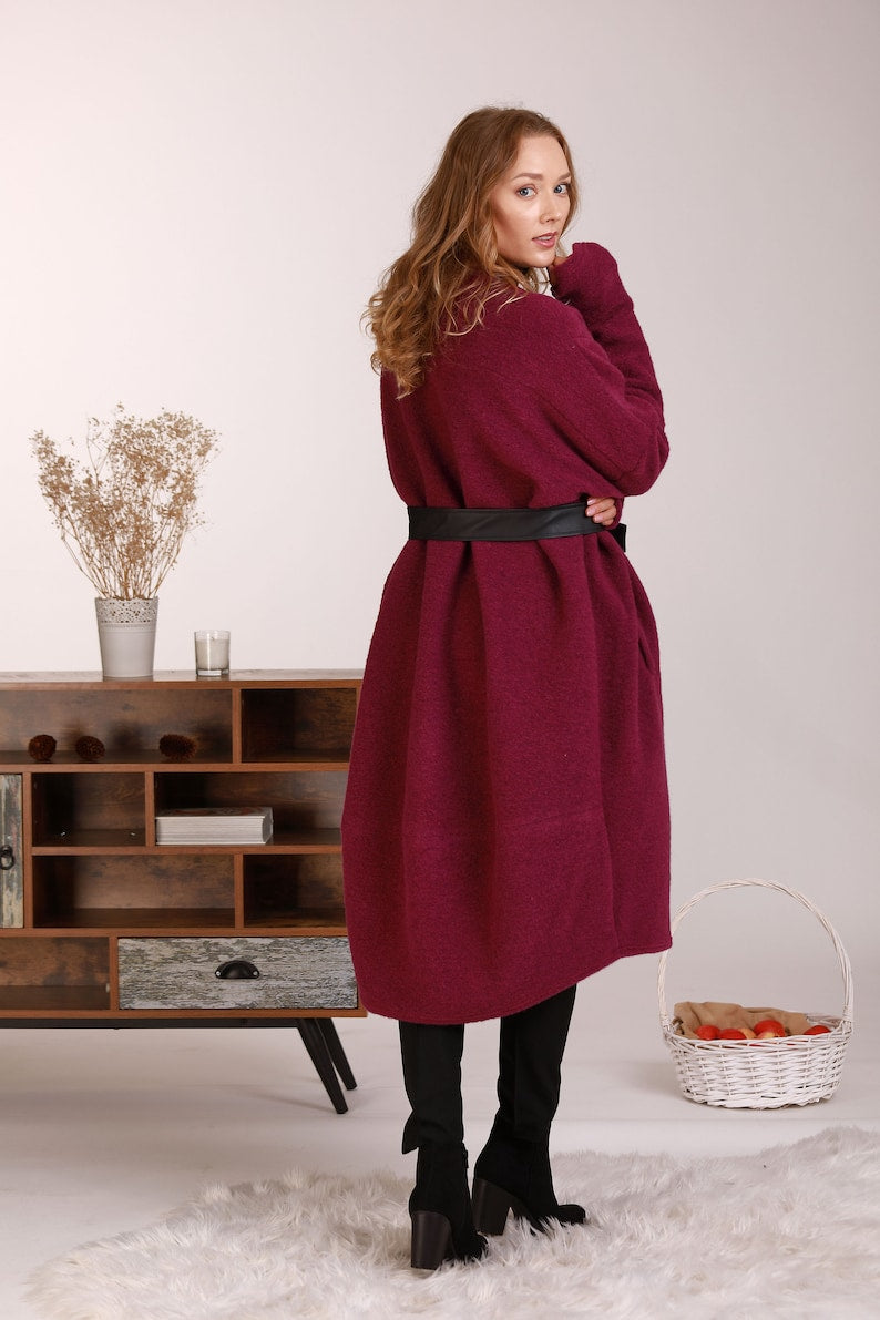 Back view of Warm wool belted cardigan for women