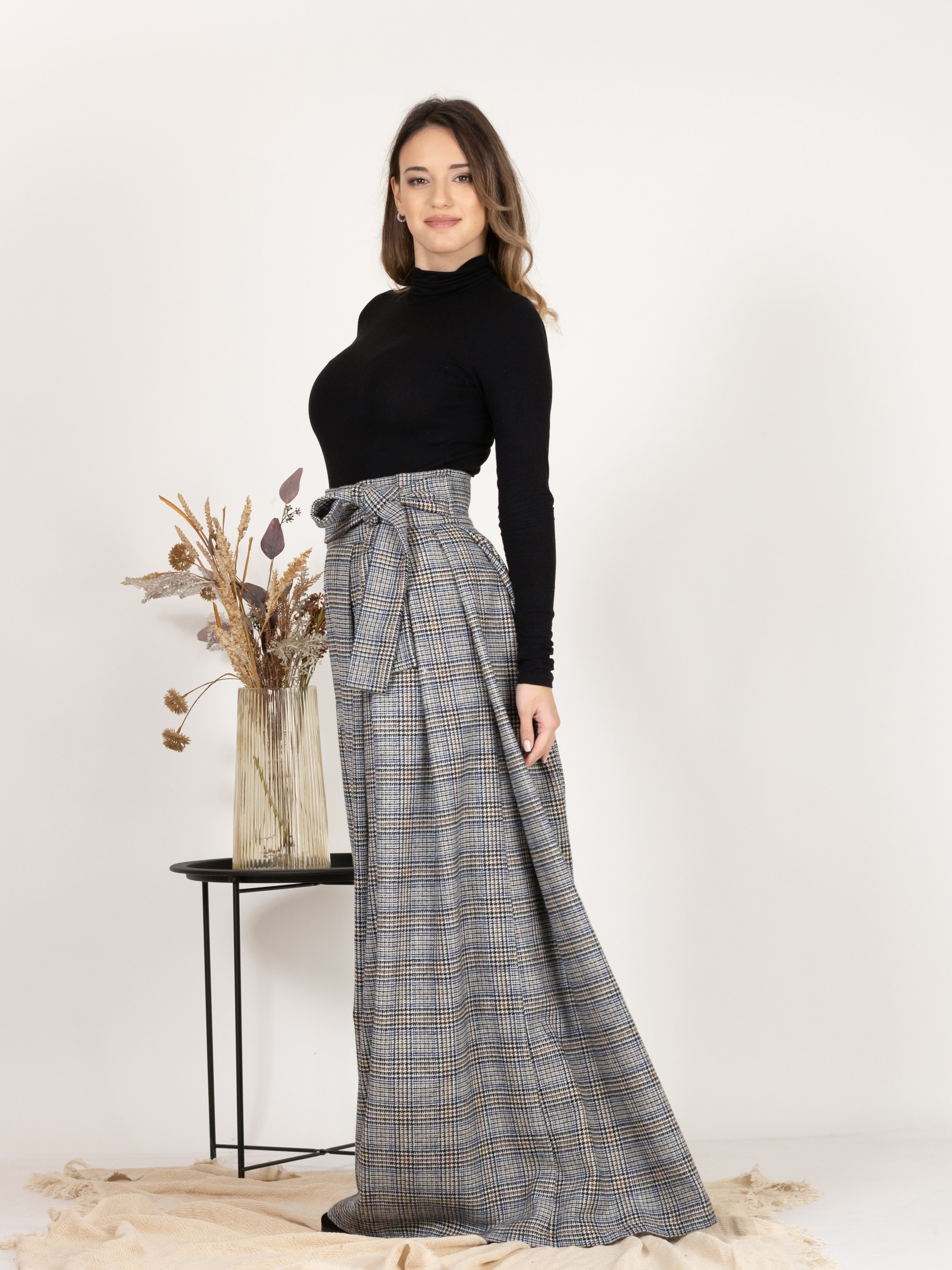 Elegant side view of Plaid Wool Pleated Skirt with Ultra High Waist and Bow