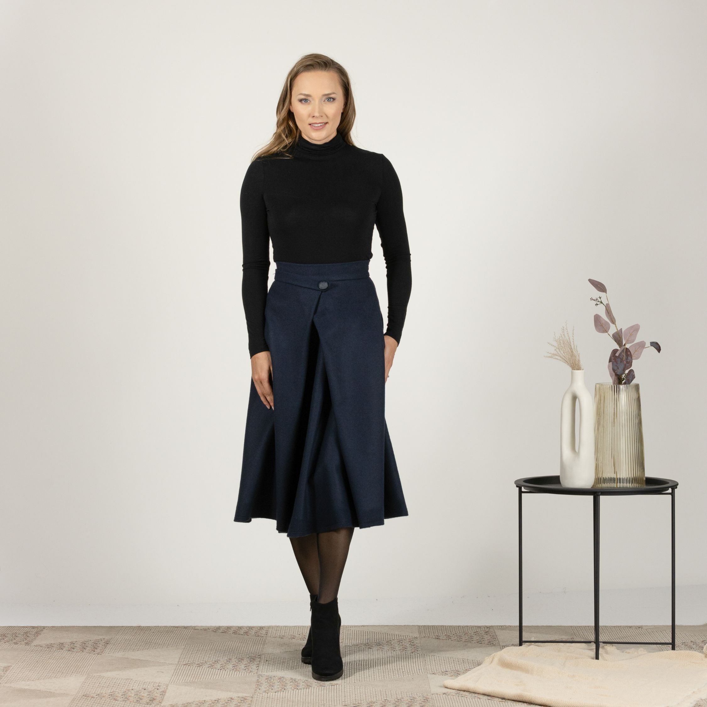 Front view of Wool Front Statement Skirt with mid-calf length