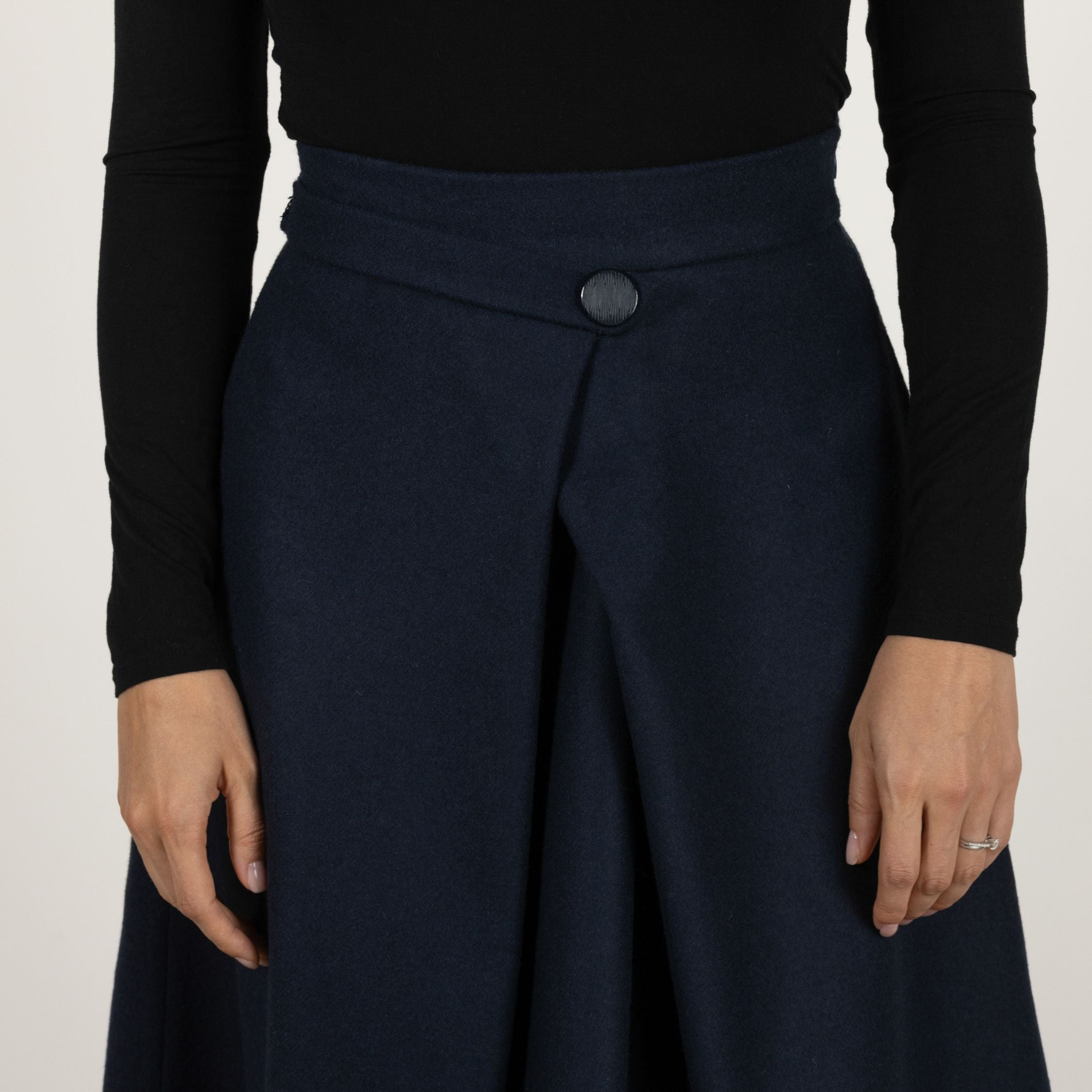 Detailed shot of Italian cool wool fabric on Front Statement Skirt