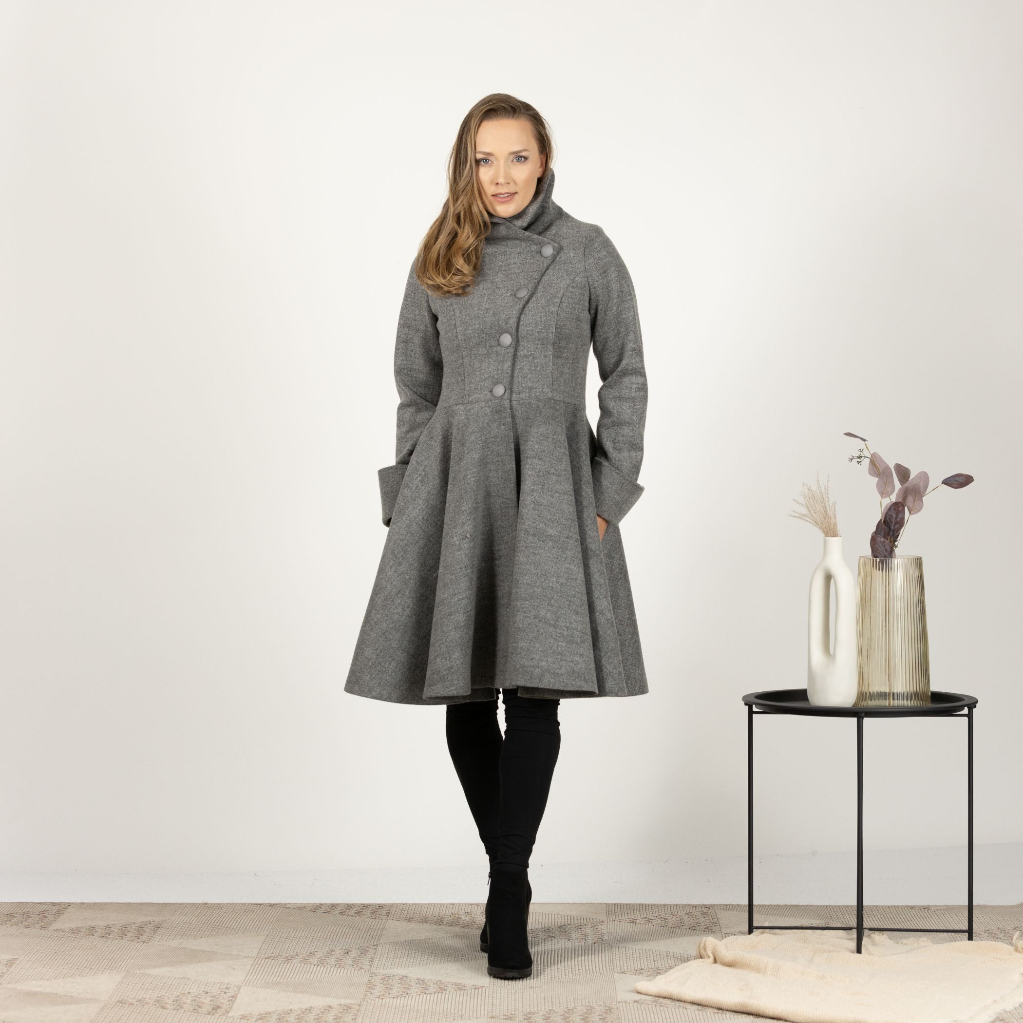 Full-length front view of the Gray A-line Buttoned Winter Coat, highlighting the warm wool material and stylish high collar.