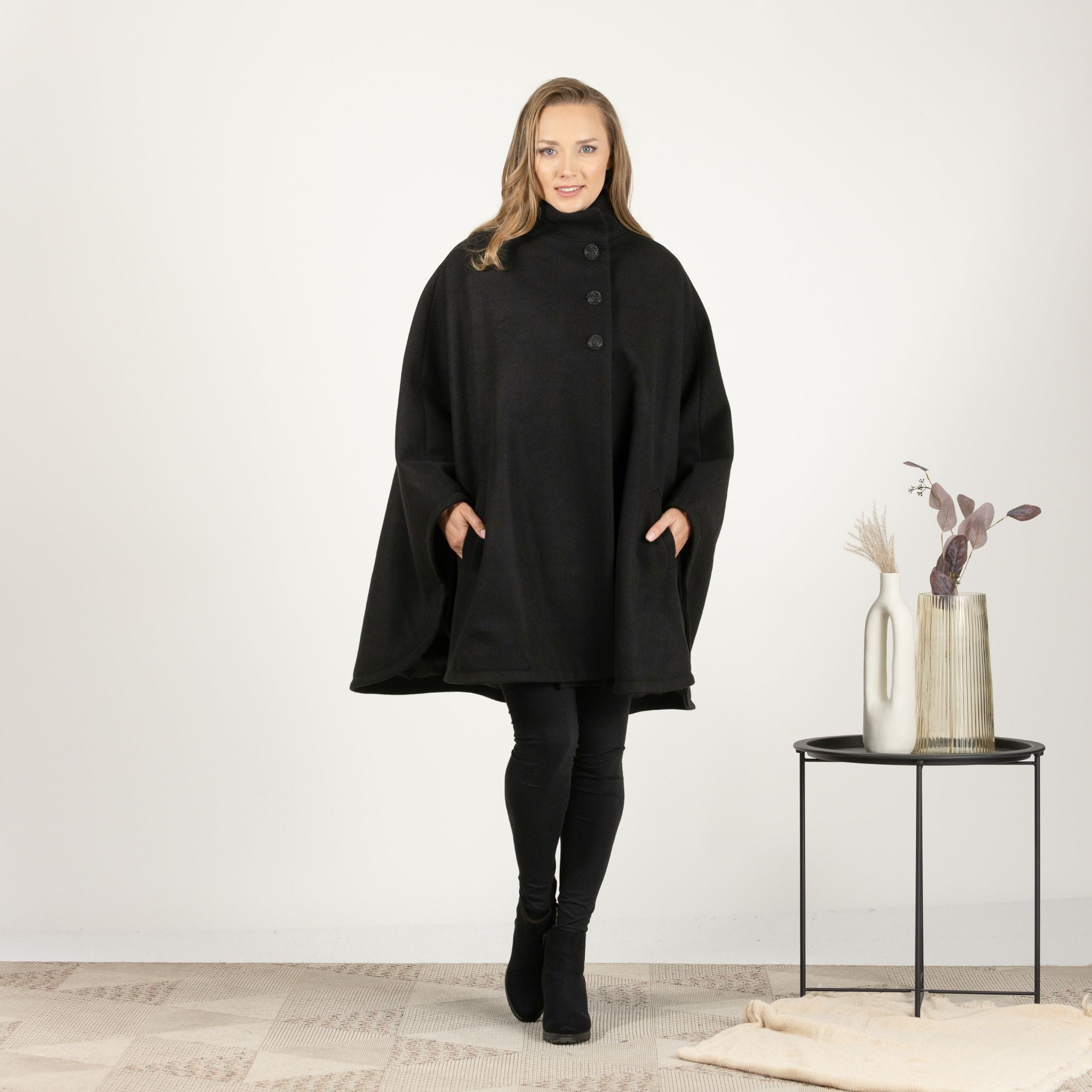 Front view of Oversized Wool Poncho Coat with mid-thigh length
