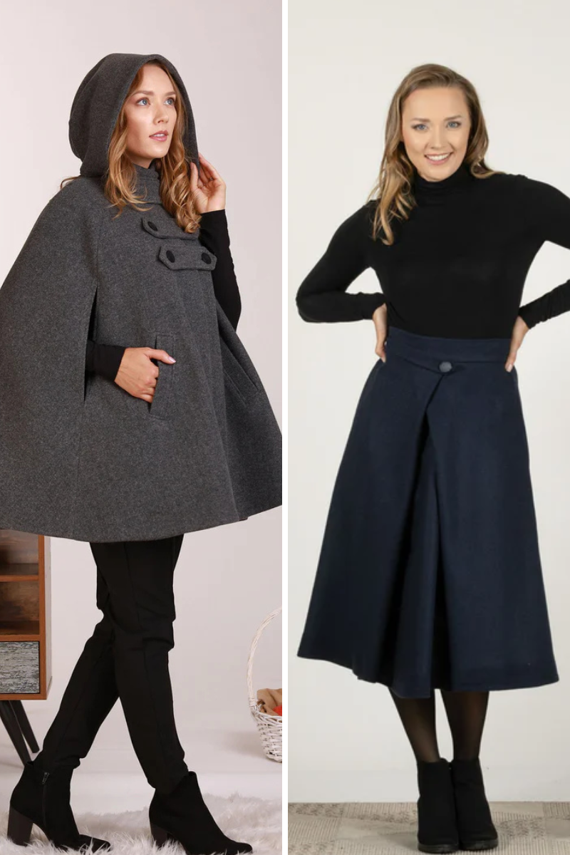 Elegant winter set with cape and midi skirt

