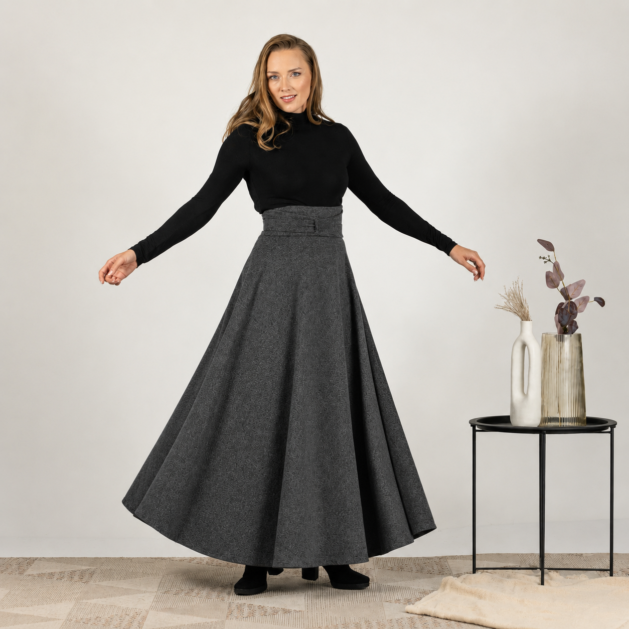 Front view of Wool Maxi Victorian Walking Skirt with elegant maxi length
