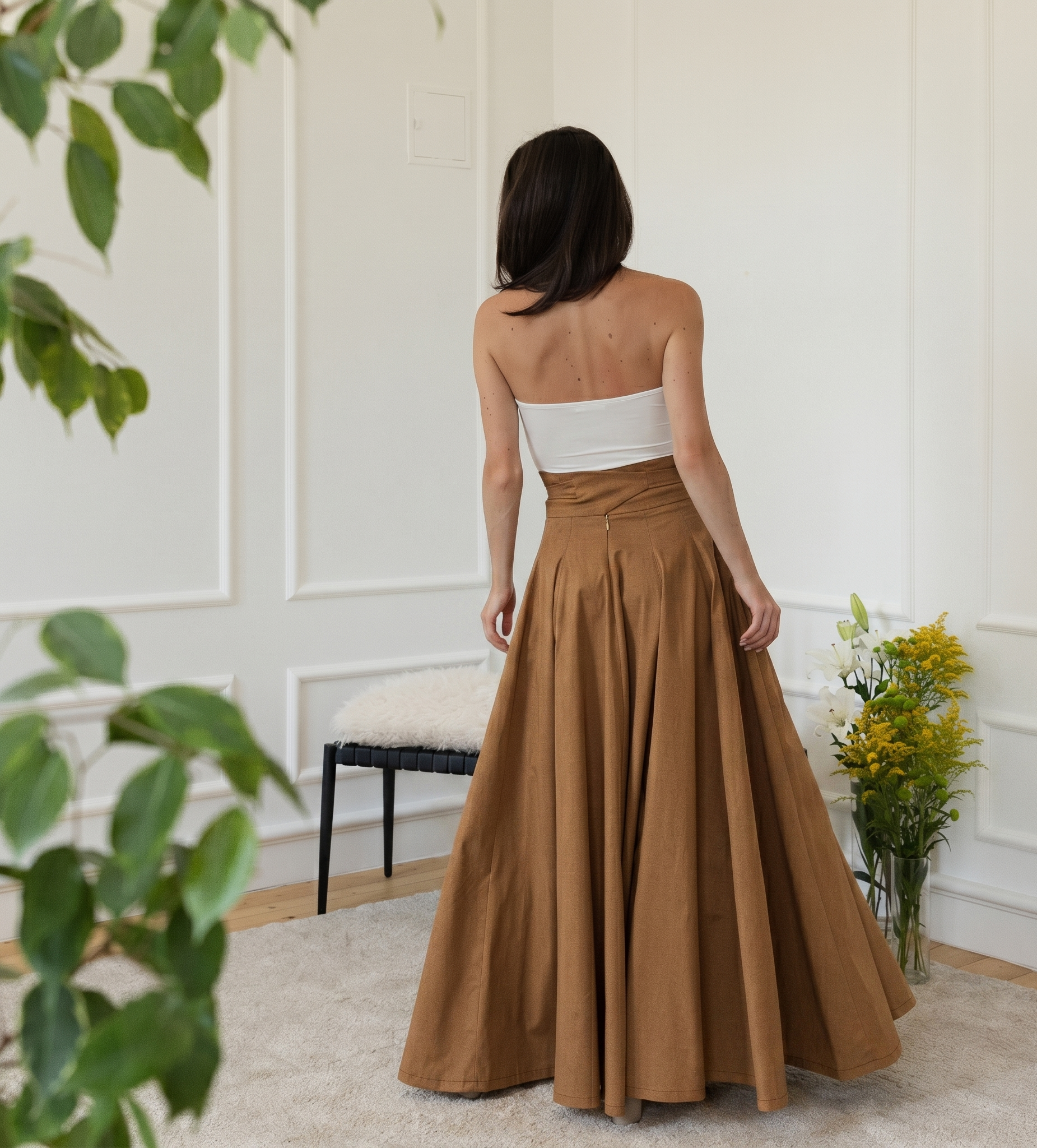 High waist cotton skirt in light brown