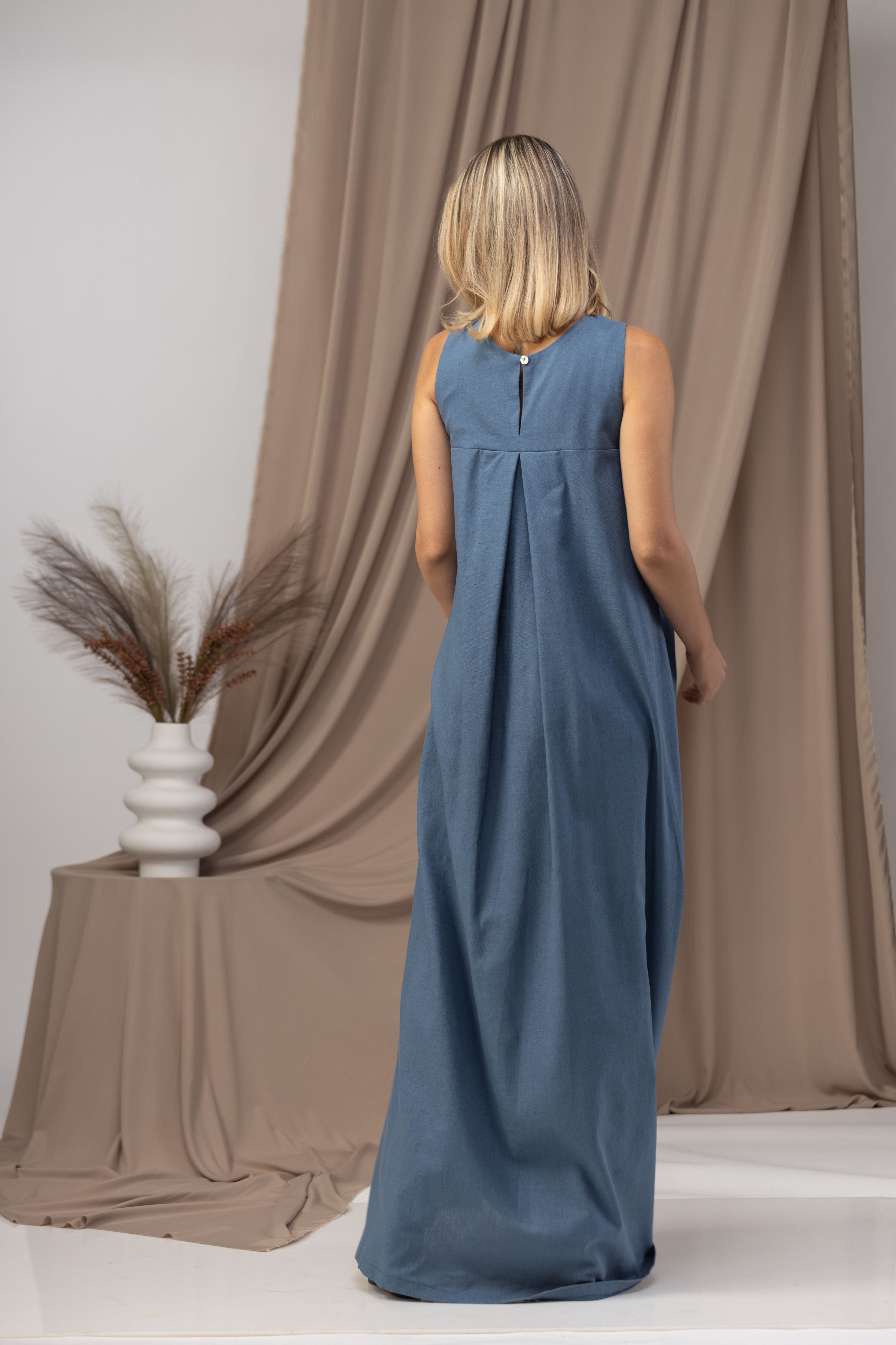 Back view of slate blue linen maxi dress