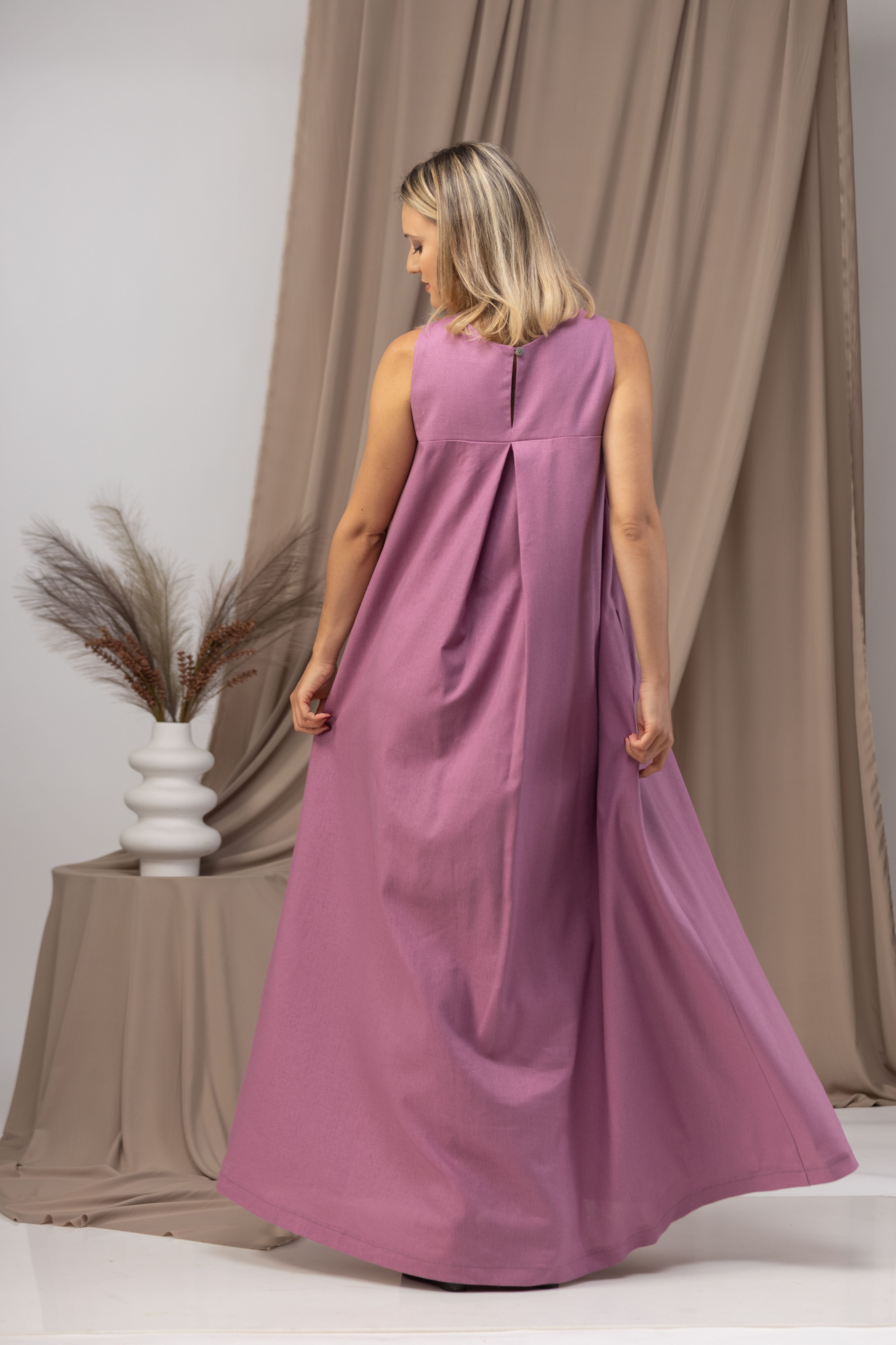 Back view of Relaxed pink linen summer dress