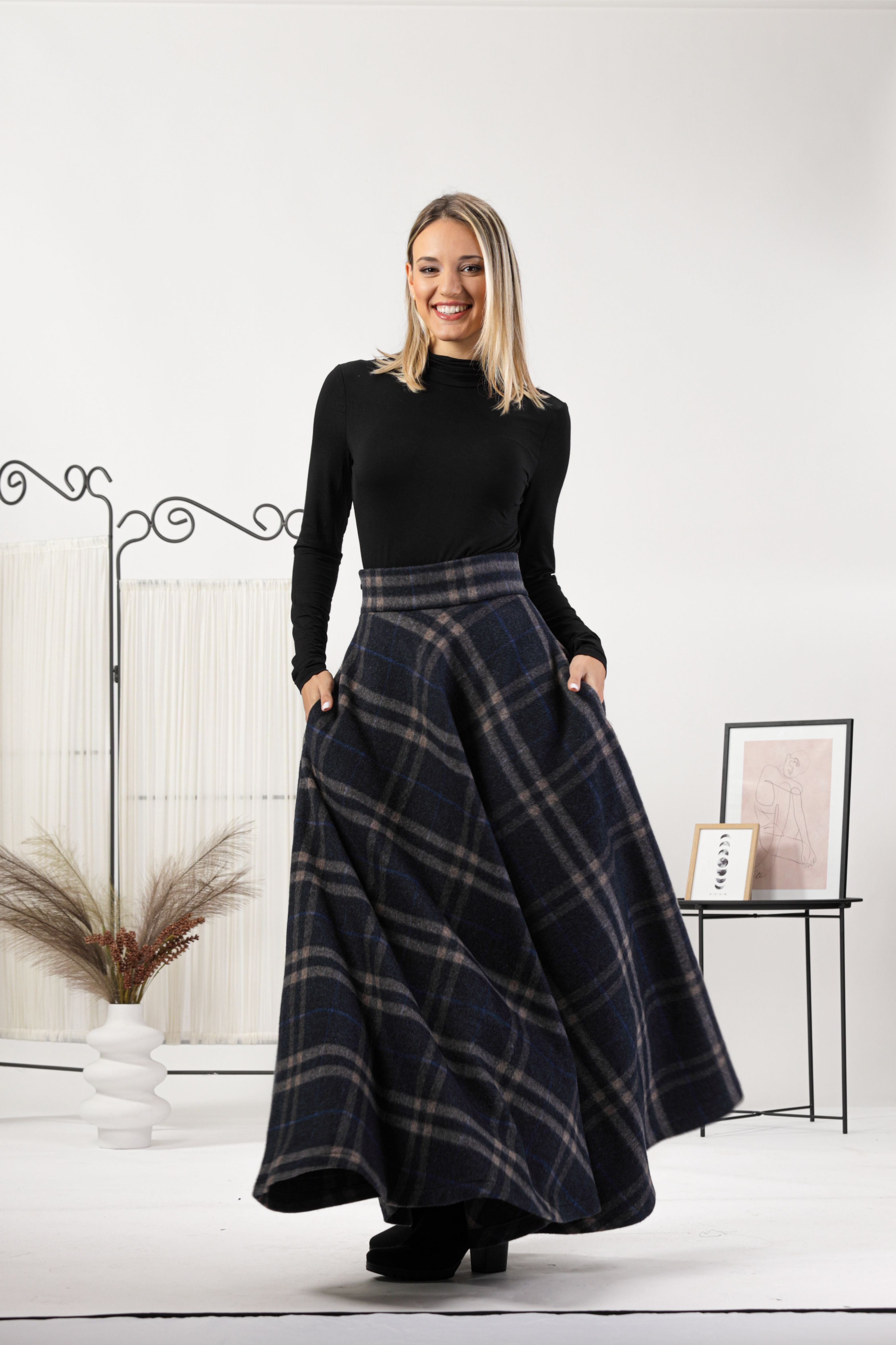 Full-length front view of the Plaid High Waisted Wool Maxi Skirt, highlighting the maxi length and the high-waisted design with an elastic waistband.