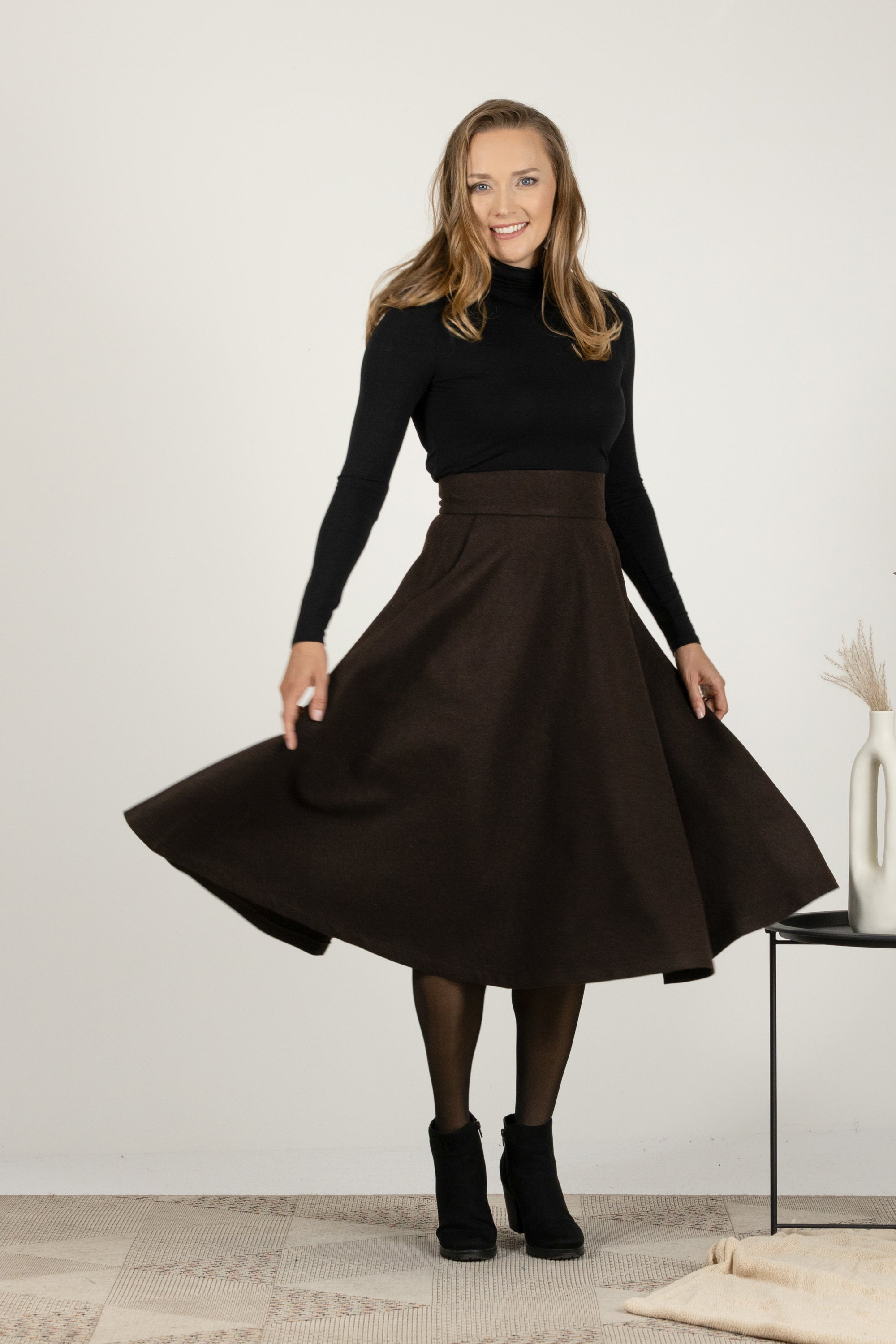 High-waisted wool midi skirt in dark brown