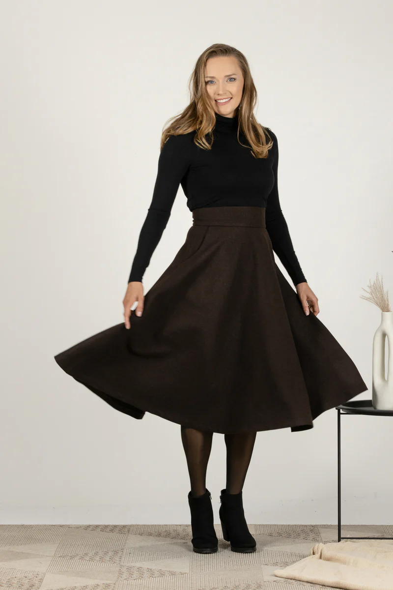 Brown Wool maxi skirt styled with boots

