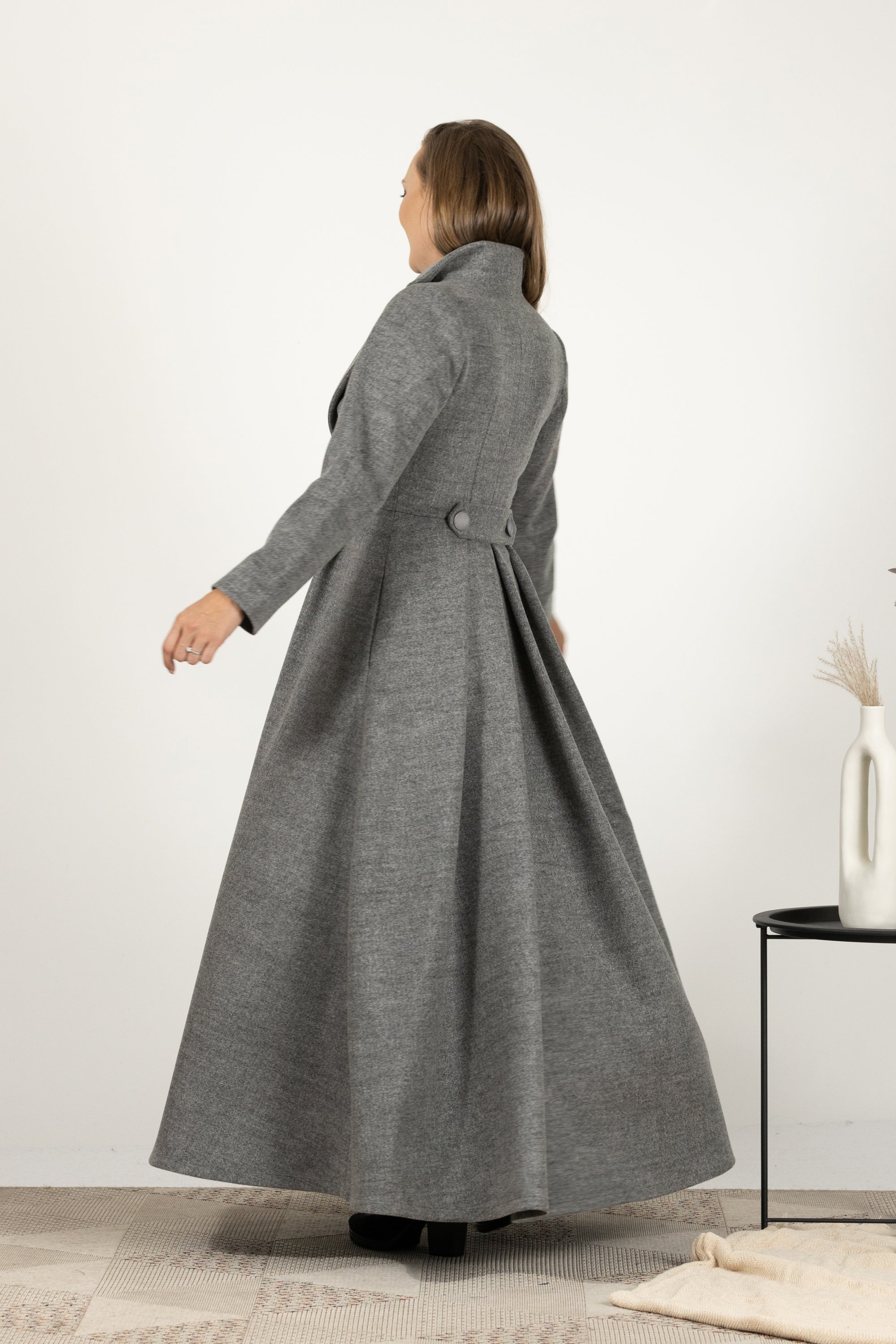 Back view of Classic fit & flare wool coat in maxi length