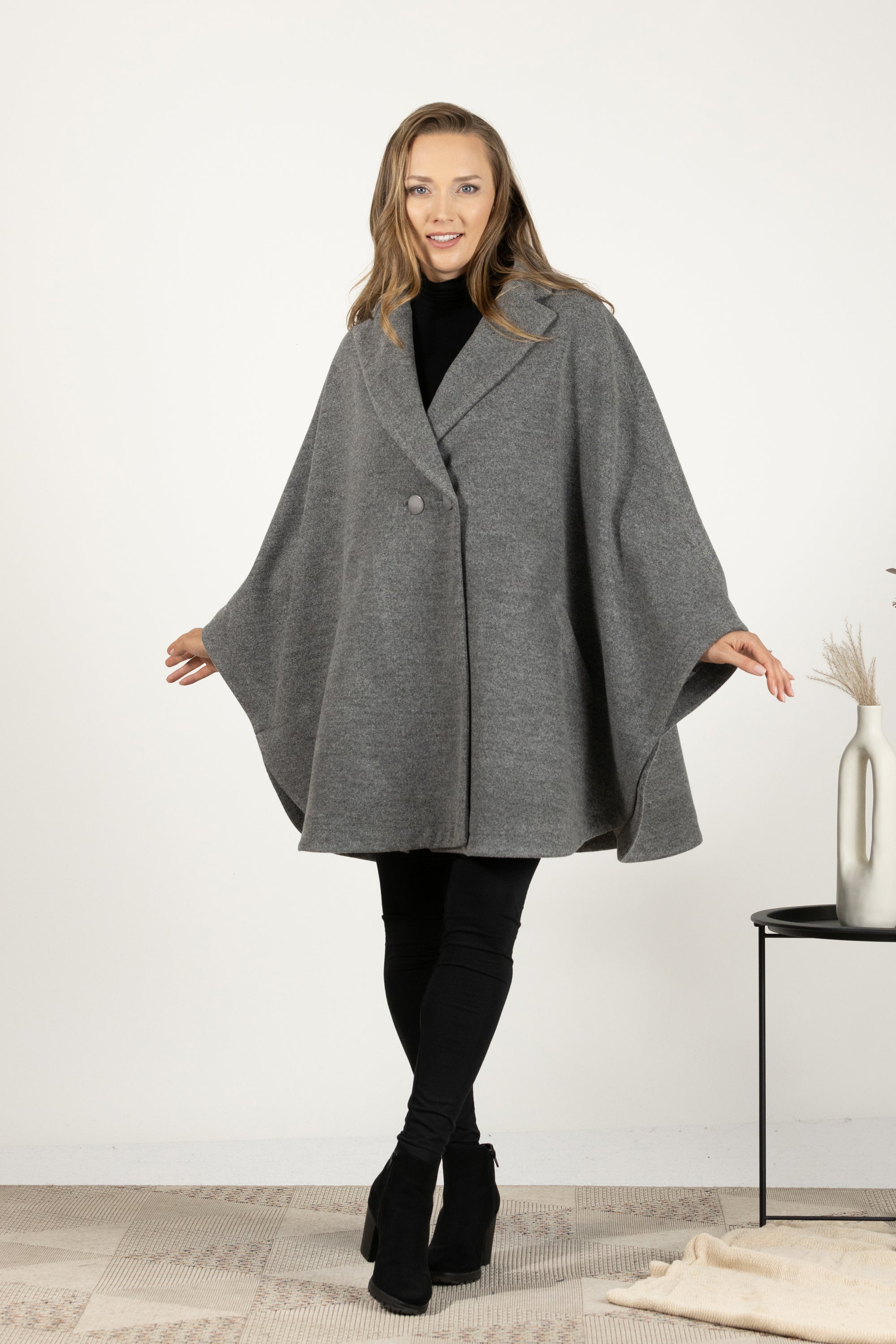 Gray oversized wool cape coat with lapel collar