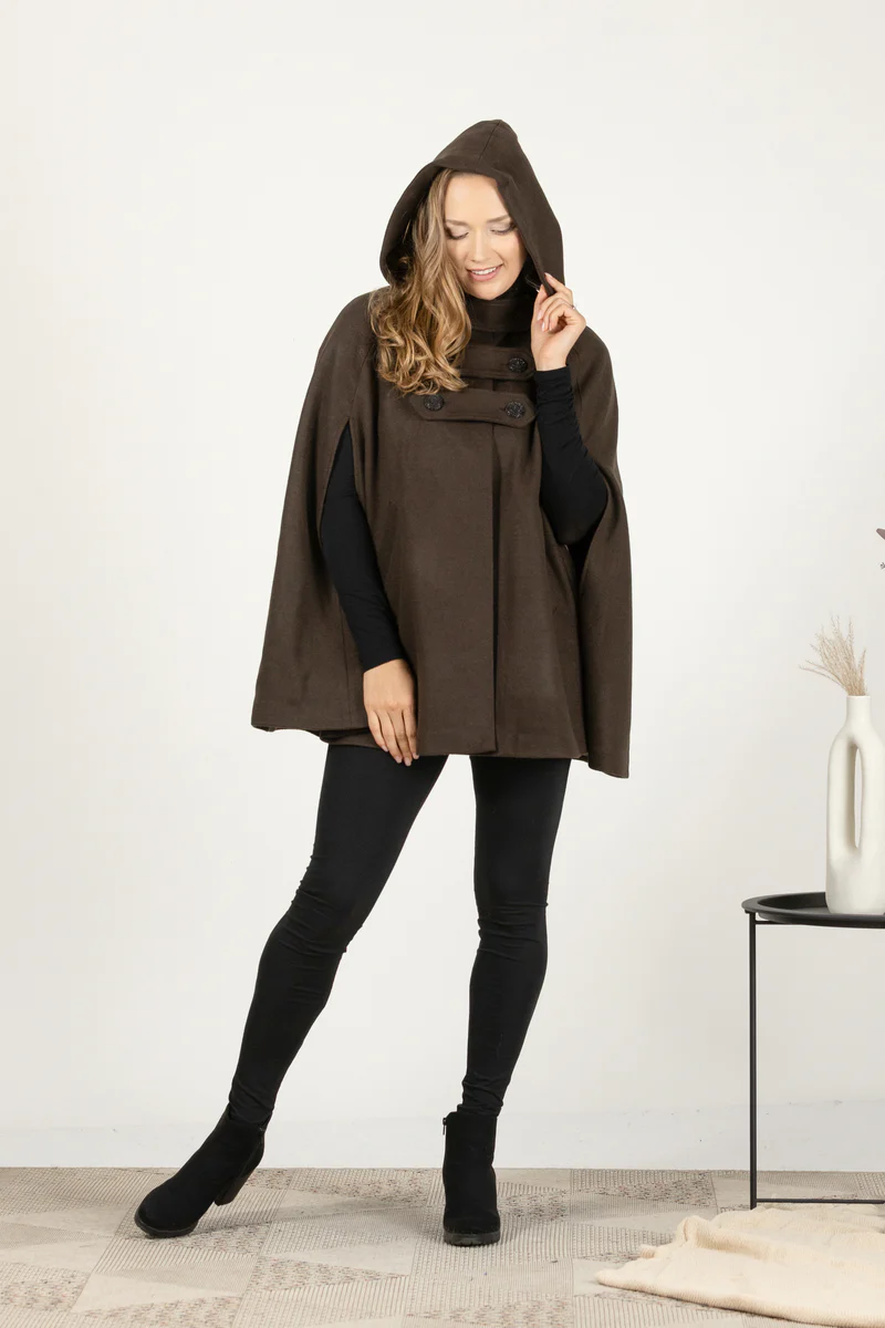 Brown Stylish cape-style coat for cooler weather

