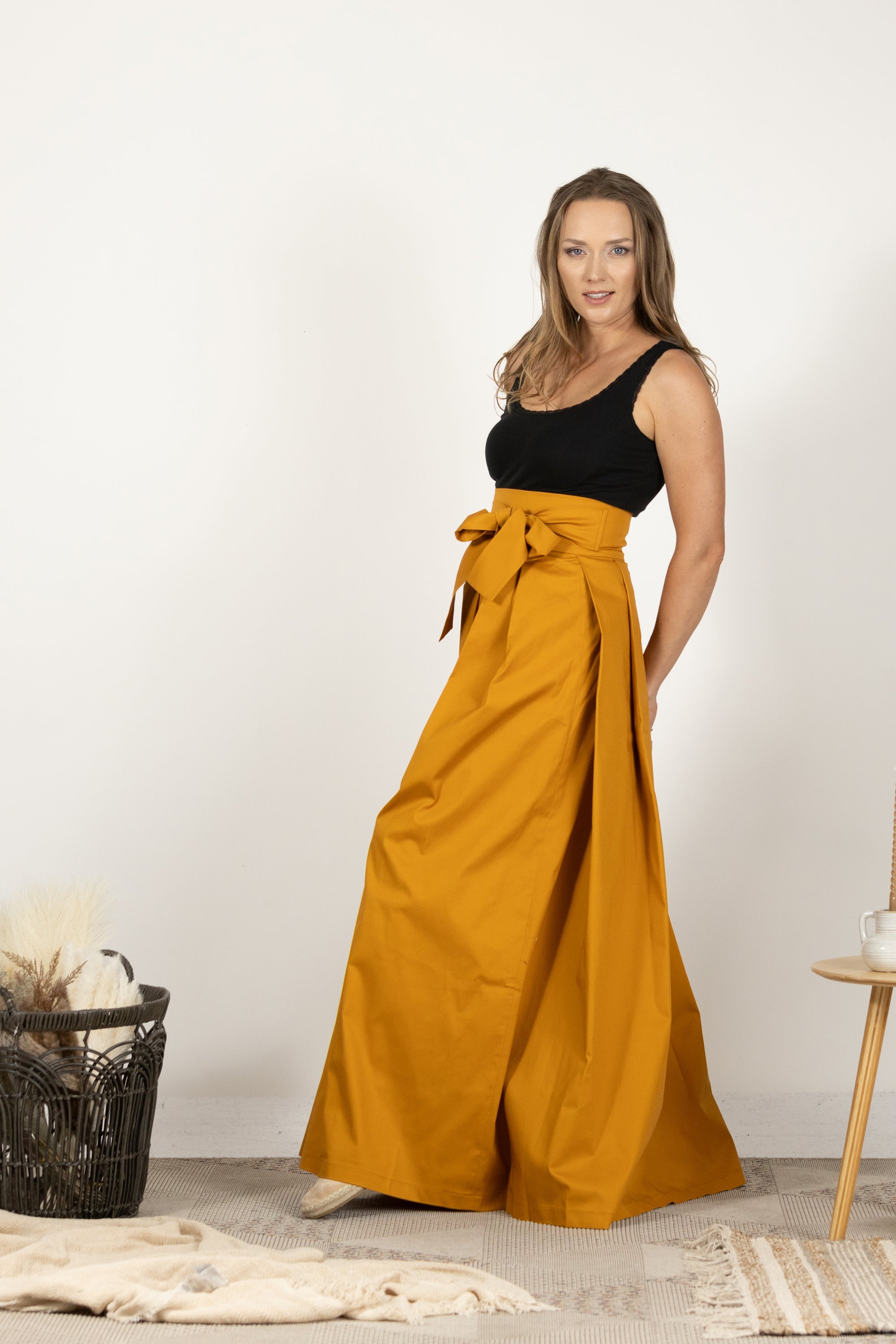 Elegant Yellow Waist Pleated Maxi Skirt
