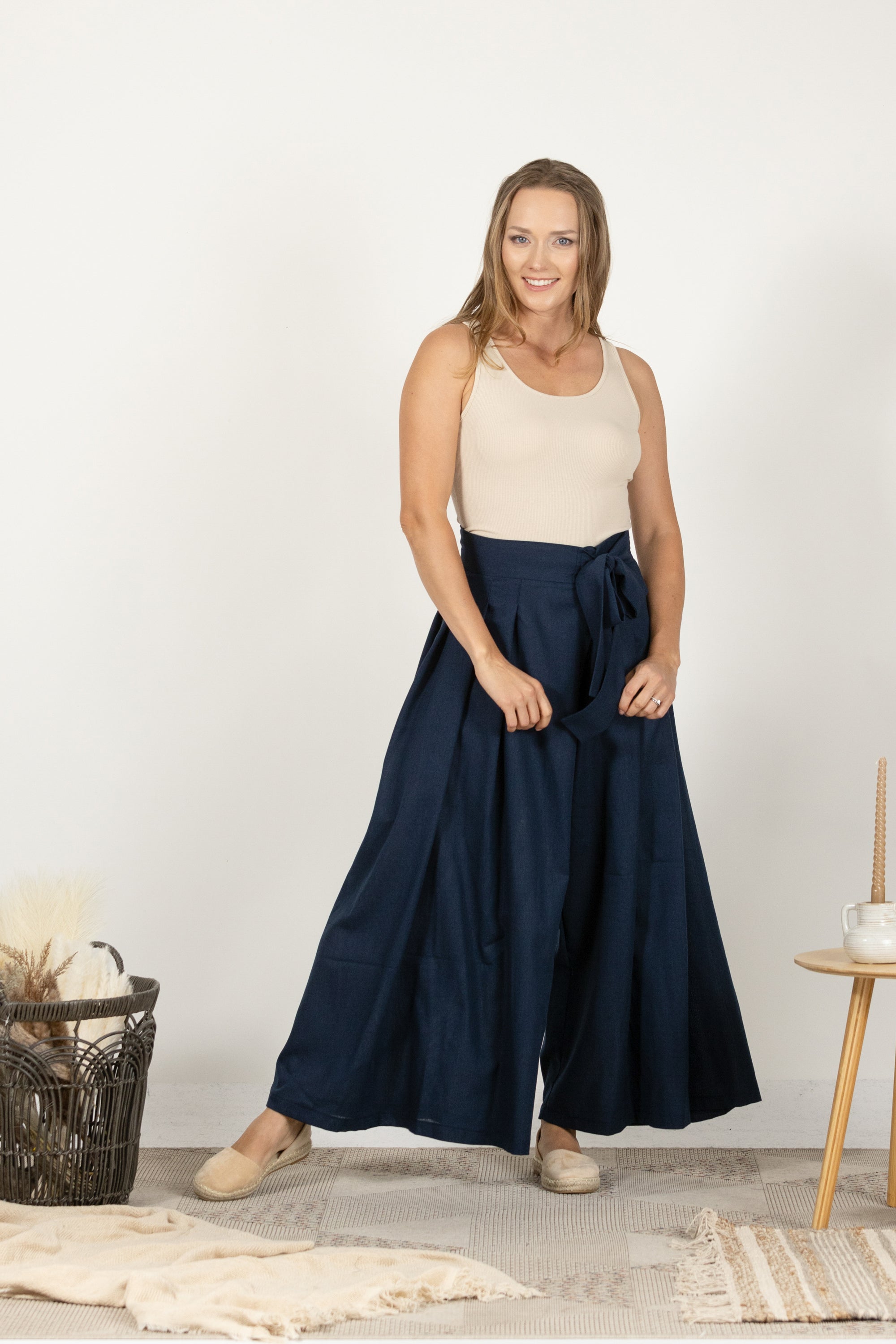 Maxi-length palazzo pants in dark blue melange