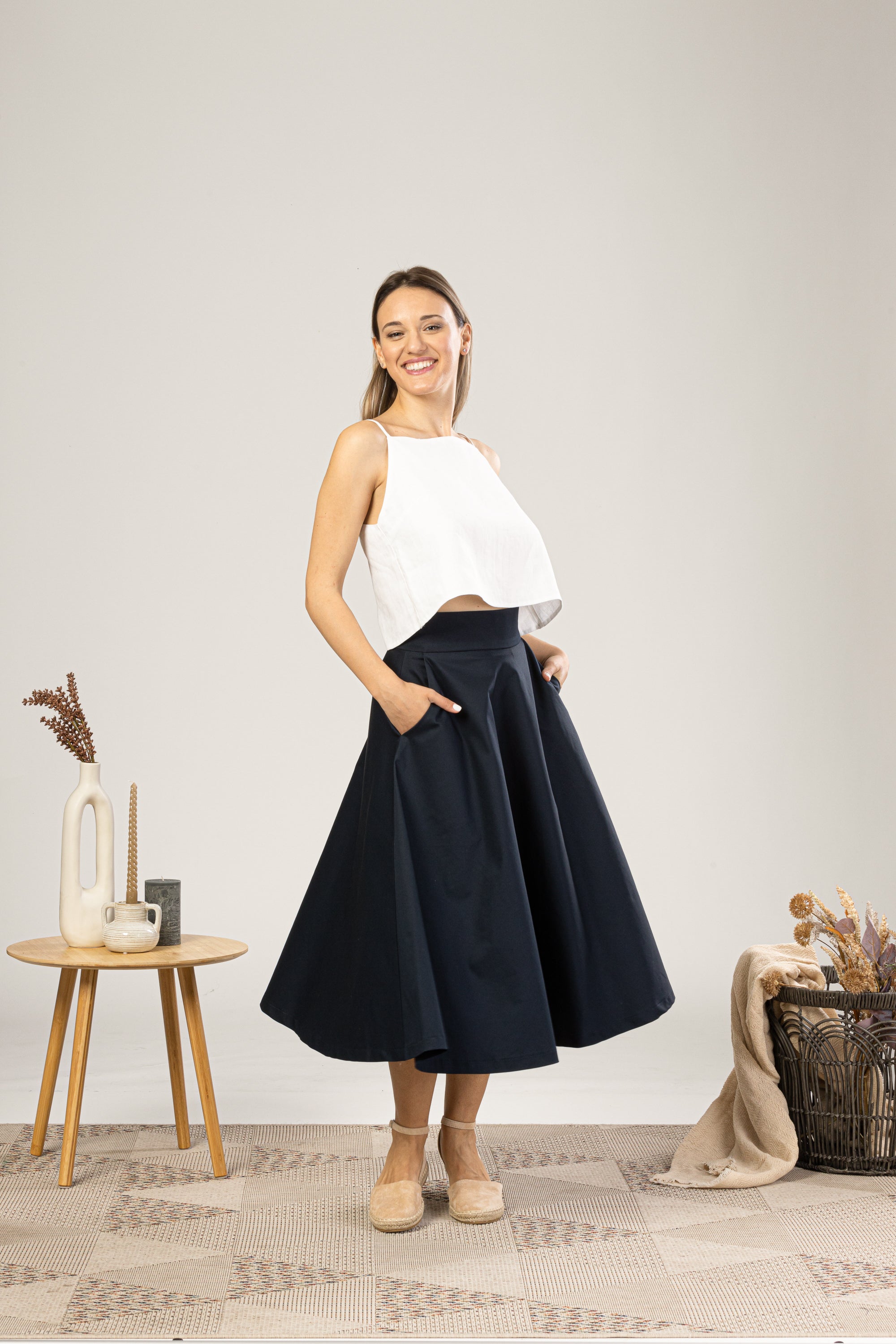 Dark Blue Midi Flared Circle Skirt for everyday summer outfit - from NikkaPlace | Effortless fashion for easy living