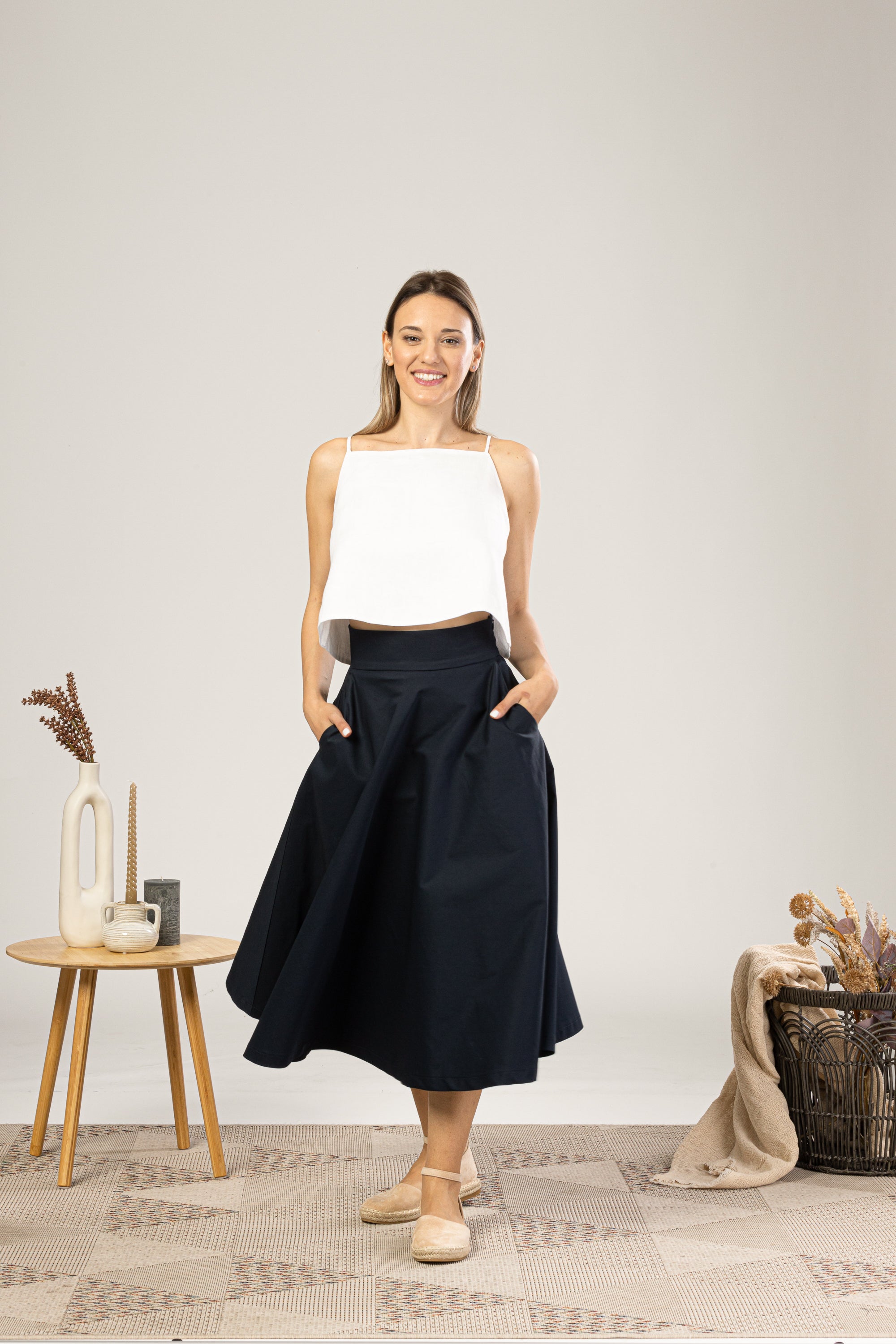 Dark Blue Midi Flared Circle Skirt for everyday summer outfit - from NikkaPlace | Effortless fashion for easy living