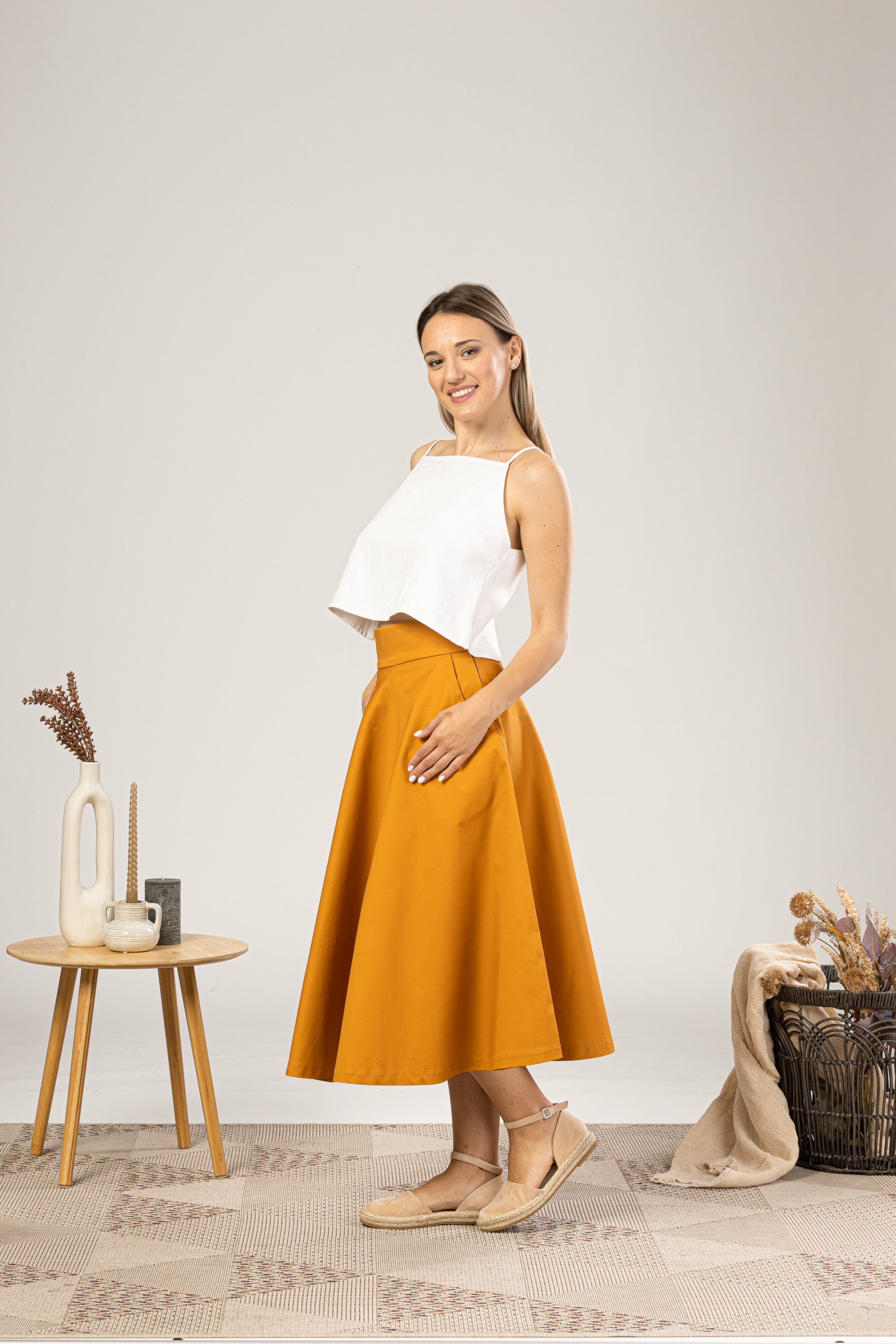 Deep Yellow Midi Flared Circle Skirt for everyday outfit - from NikkaPlace | Effortless fashion for easy living