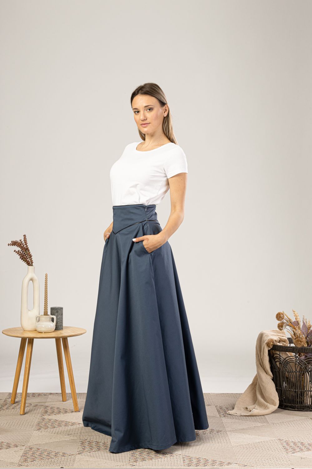 Slate Blue High Waist Victorian Skirt from the side view - from NikkaPlace | Effortless fashion for easy living