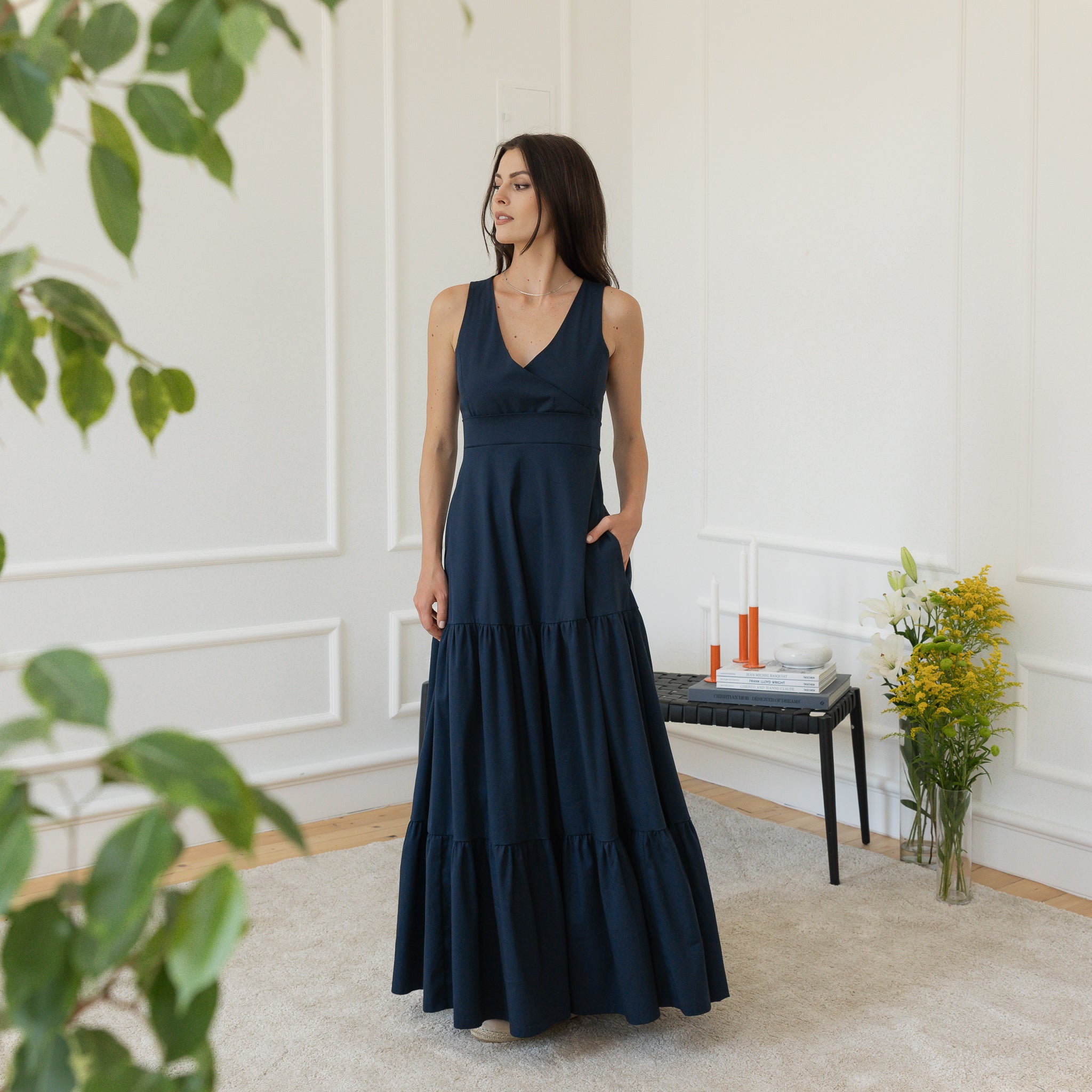 Front view maxi cotton dress in dark blue