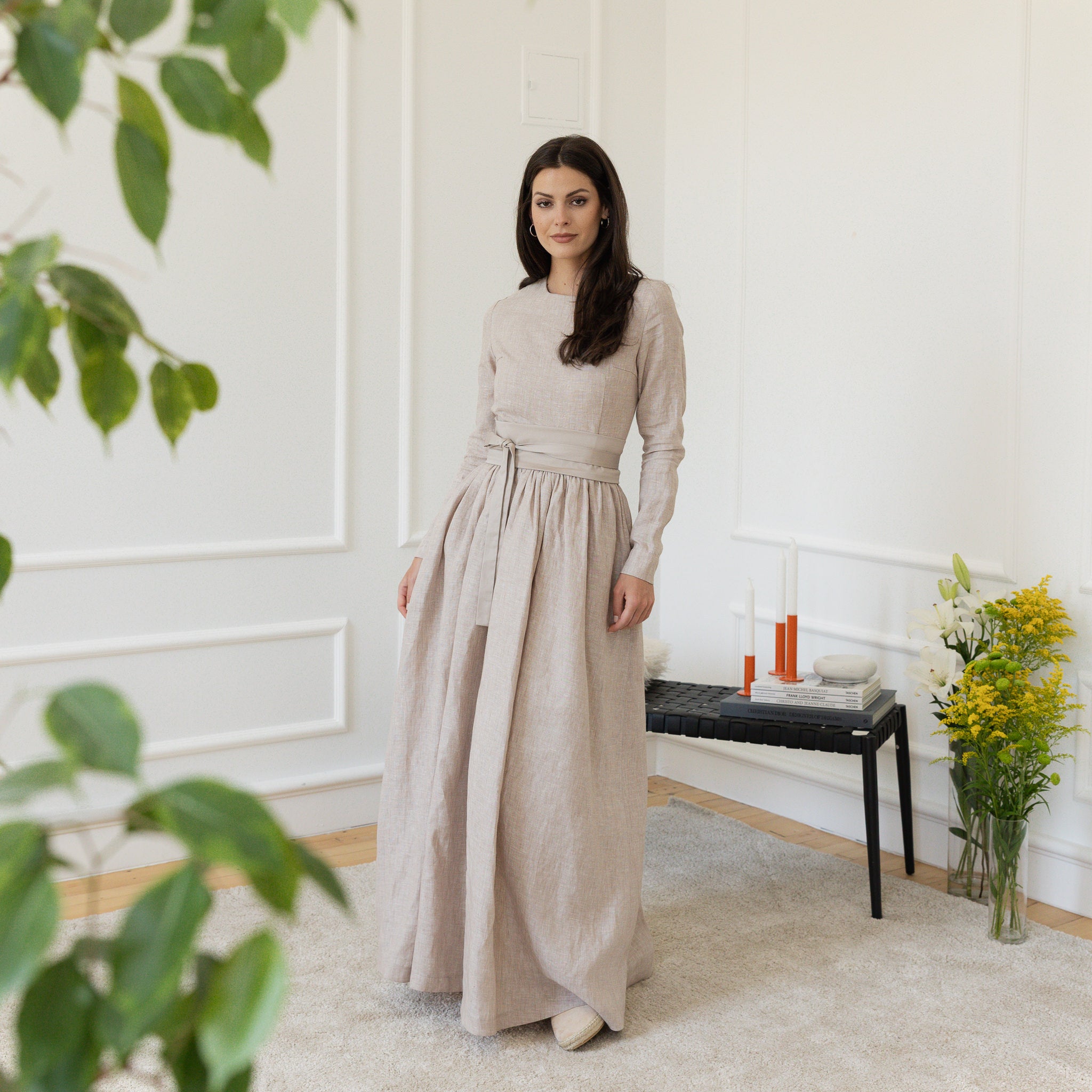 Front view of maxi linen dress with crew neckline