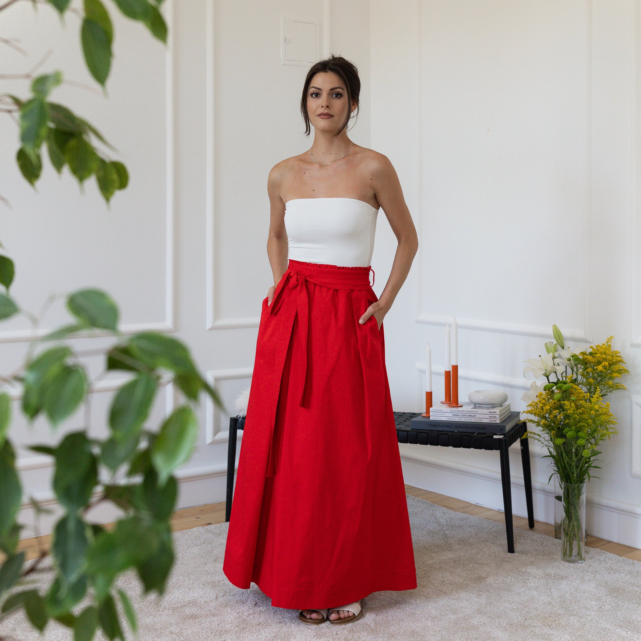 Front view of maxi cotton red skirt