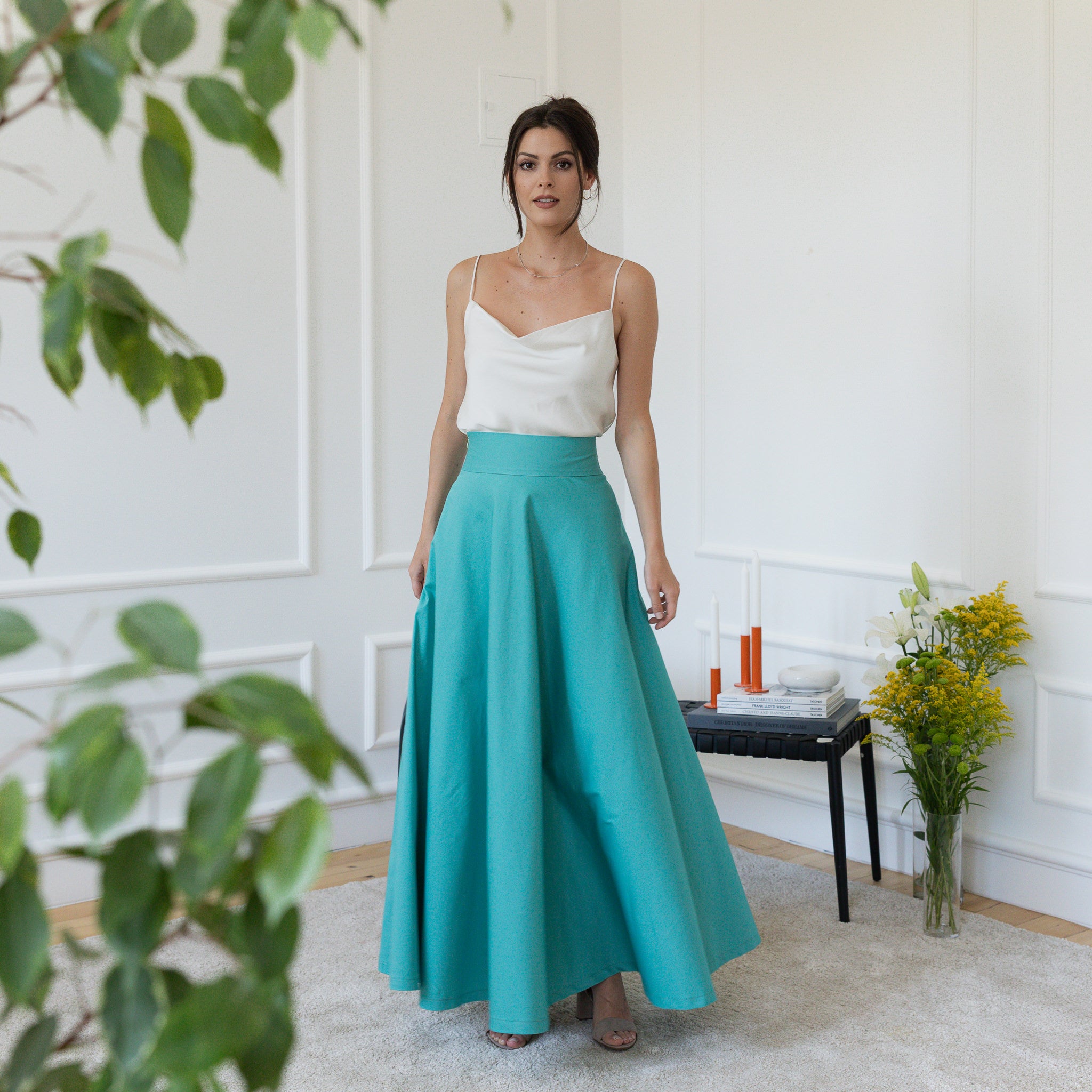 Front view of maxi cotton skirt in turquoise 