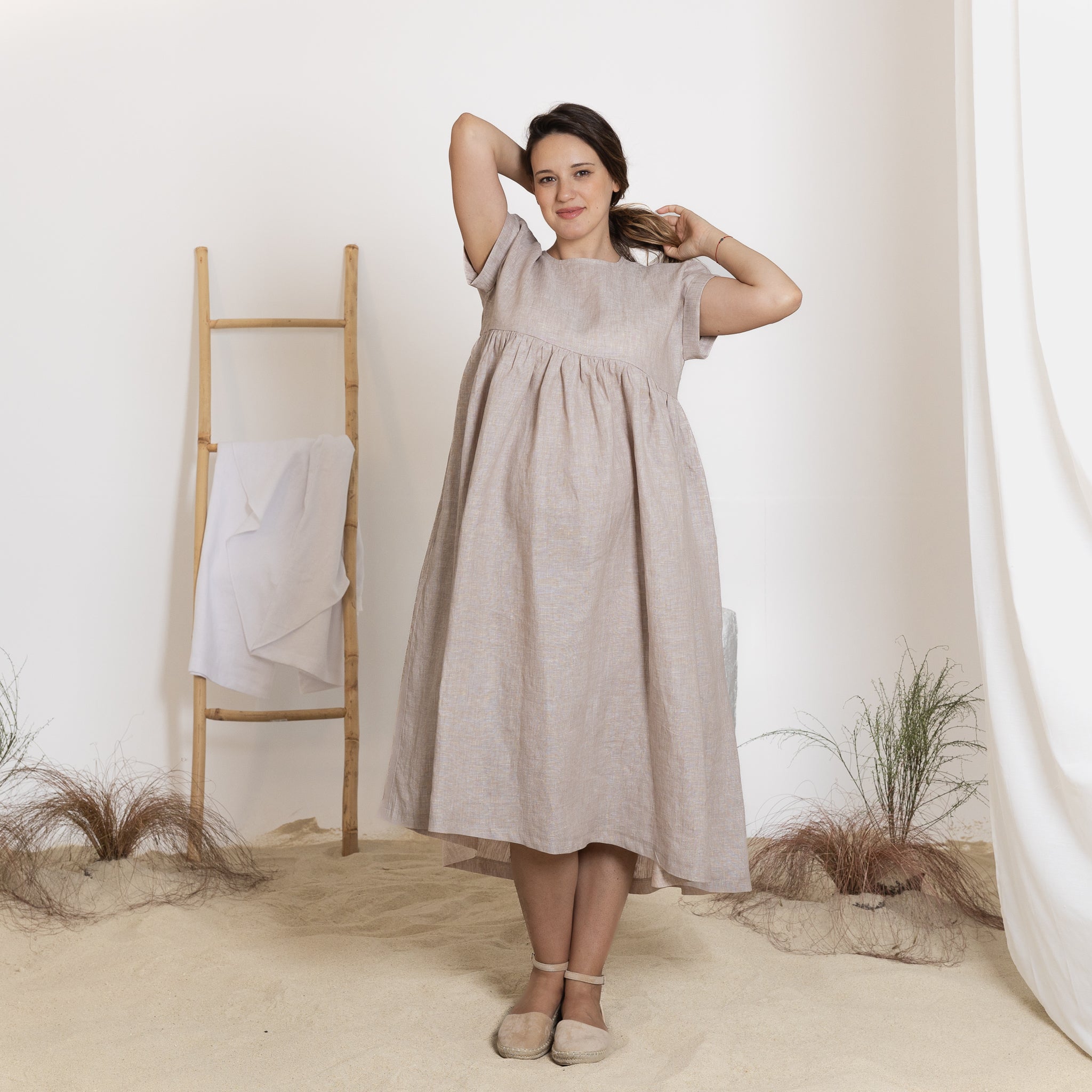 Front view of midi linen natural dress