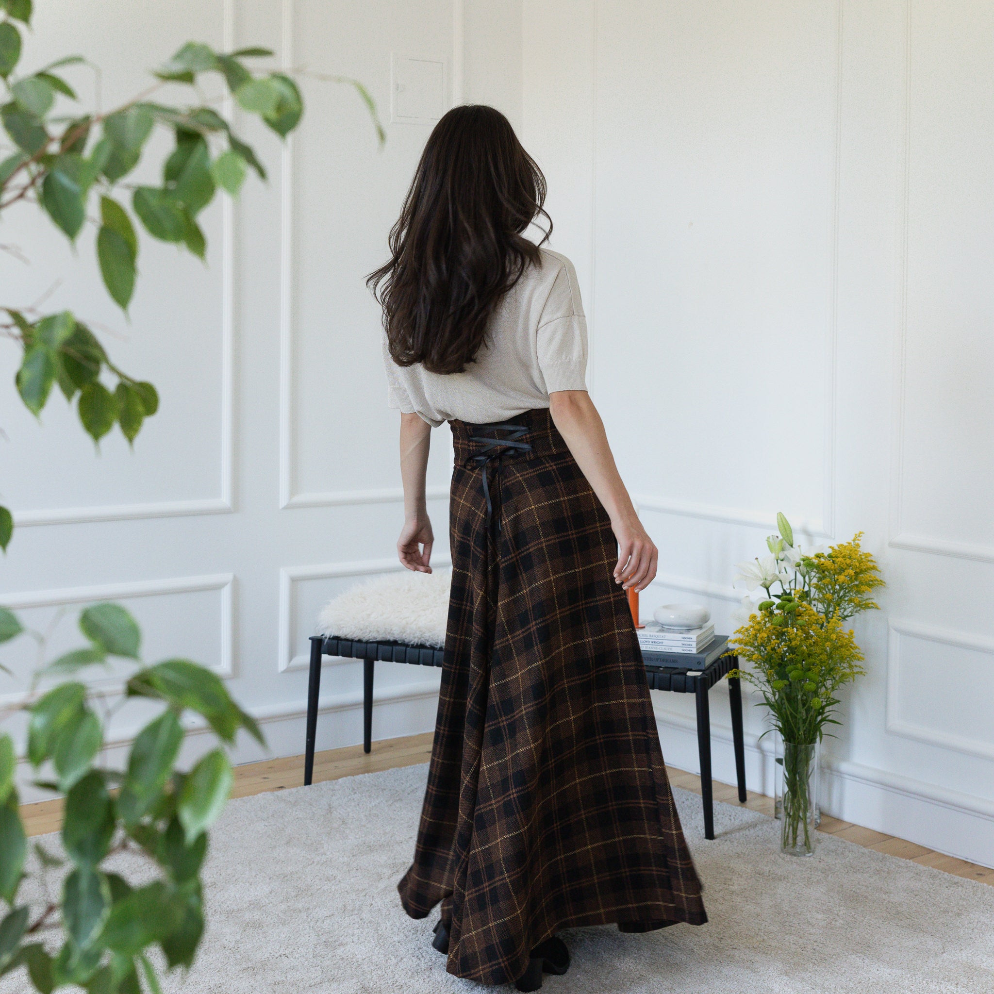 Back view of maxi wool skirt