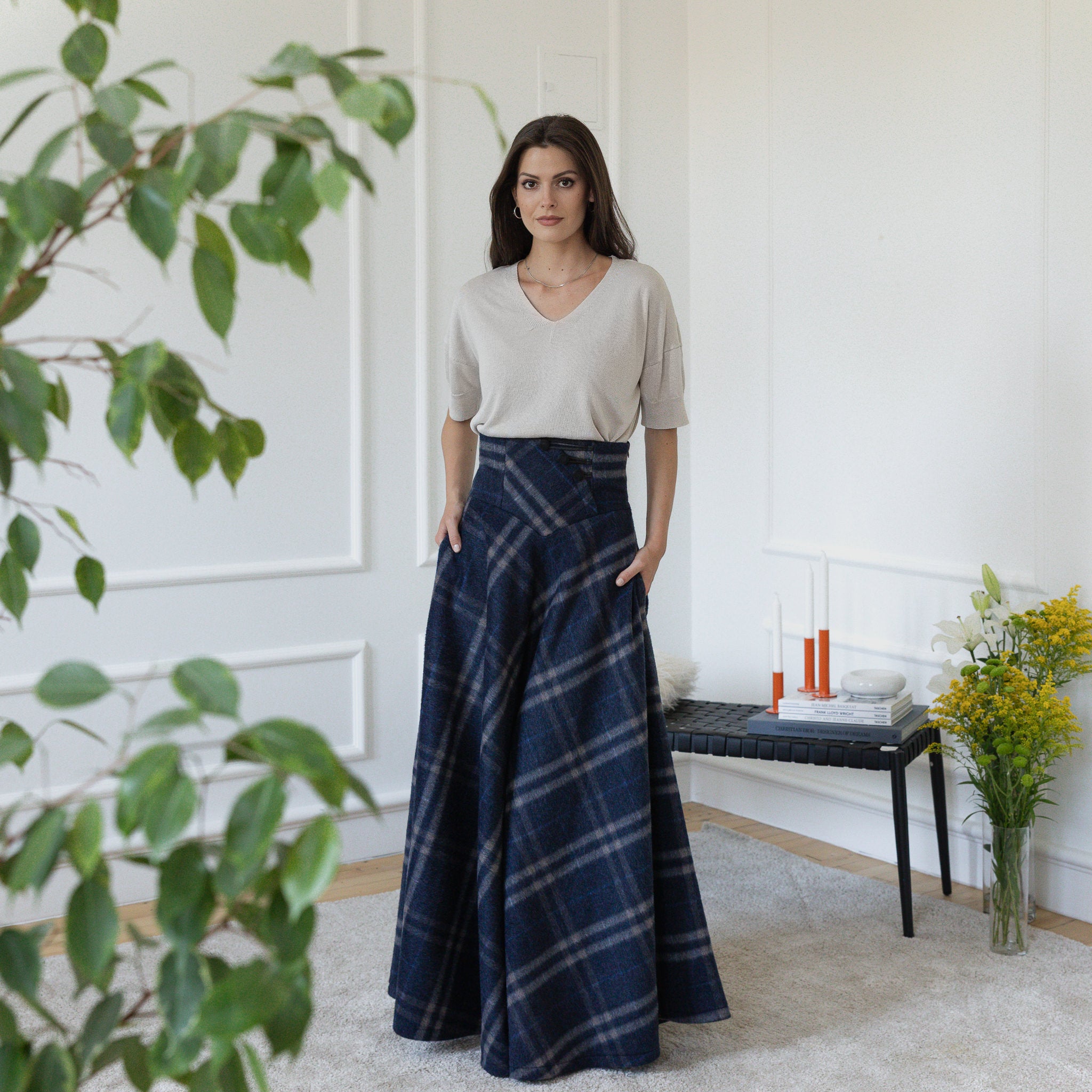 Front view of maxi wool skirt with pockets