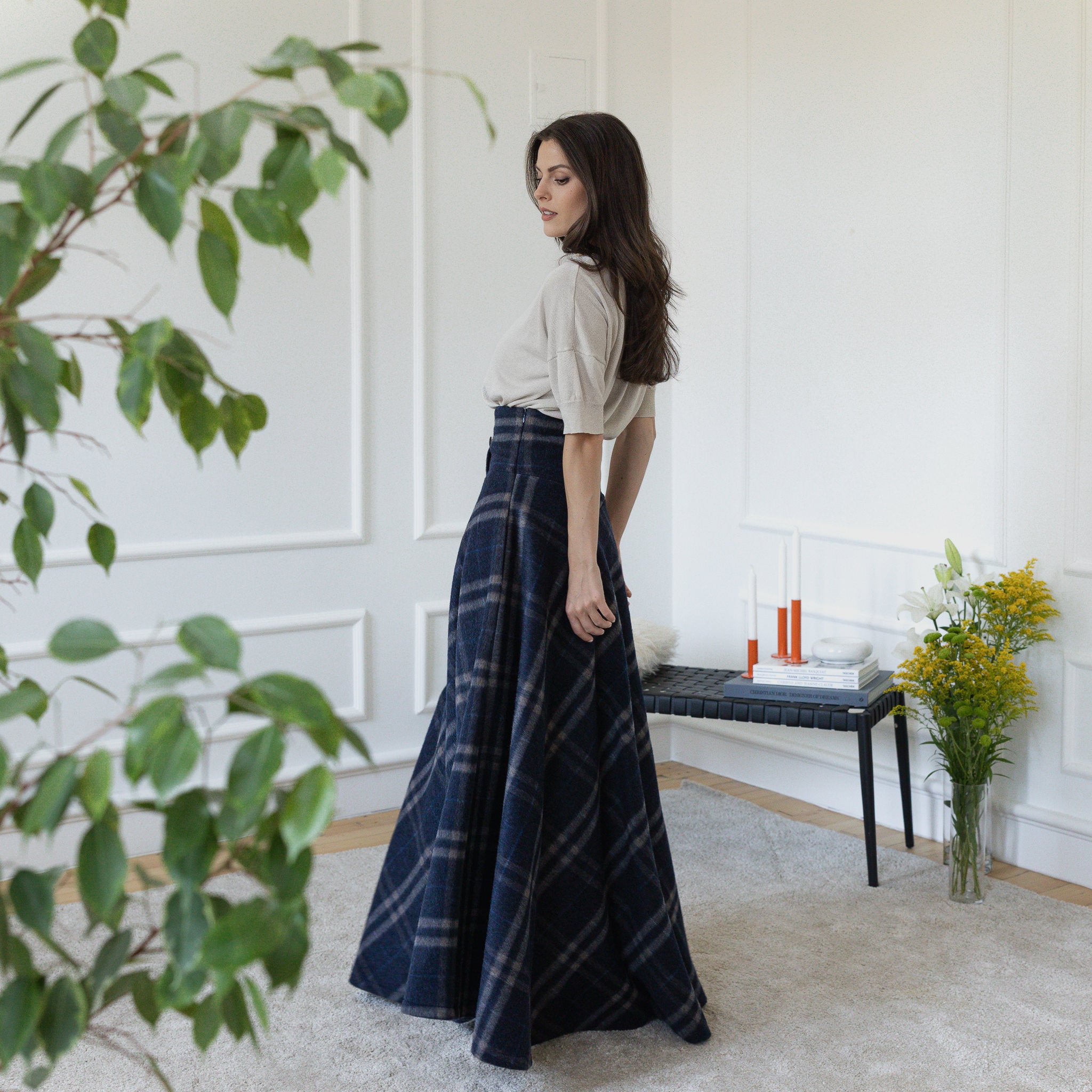 Side view of maxi wool skirt