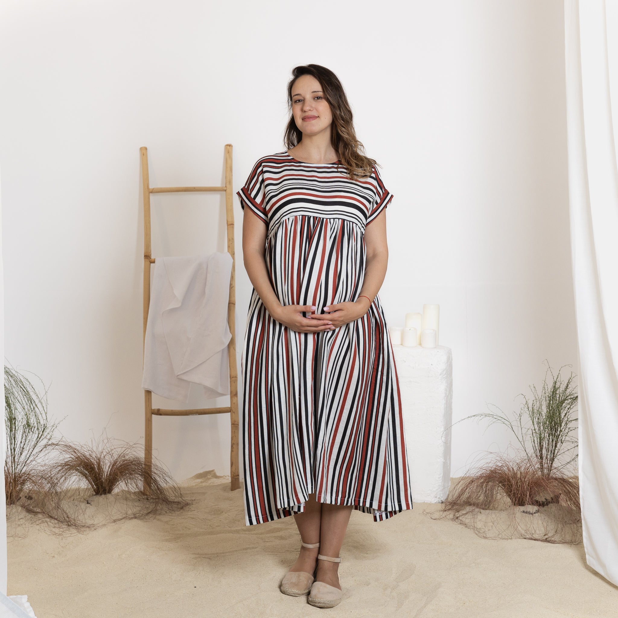 Front view of midi striped linen dress