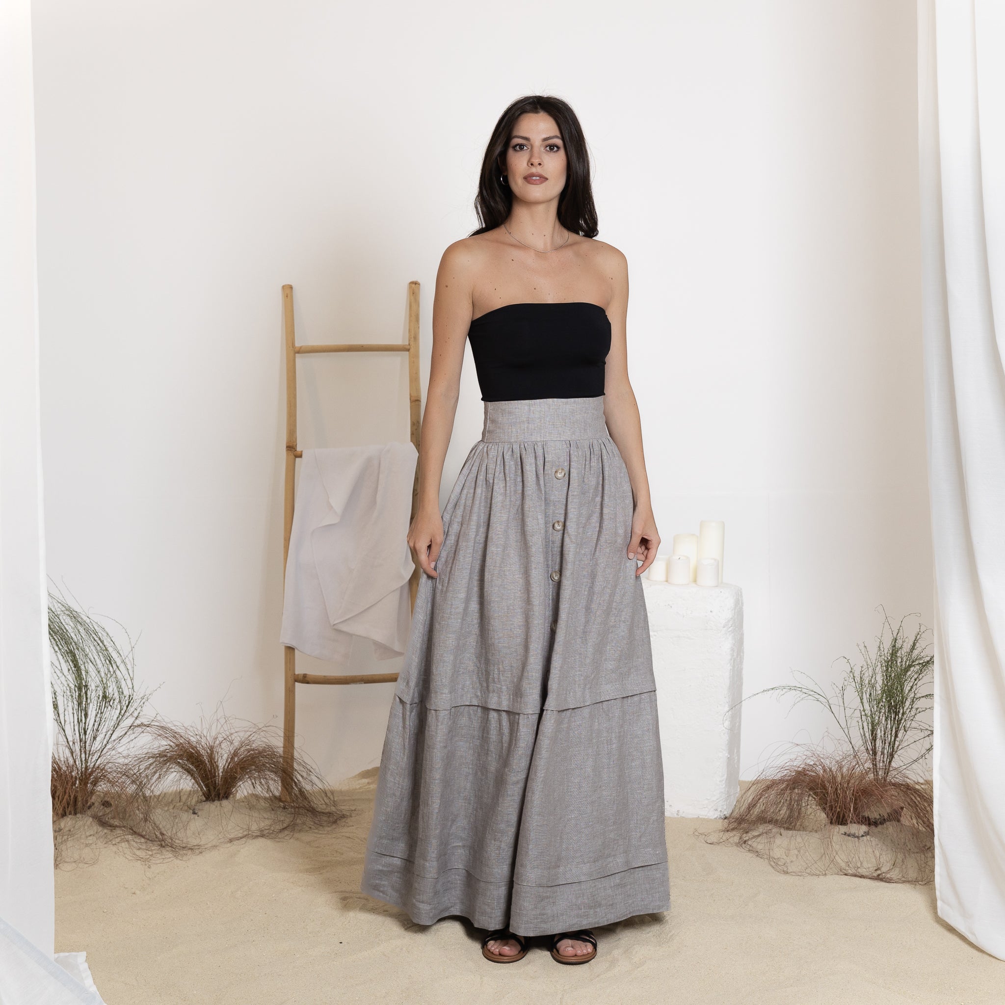 Front View of Maxi Linen Skirt In Gray Melange