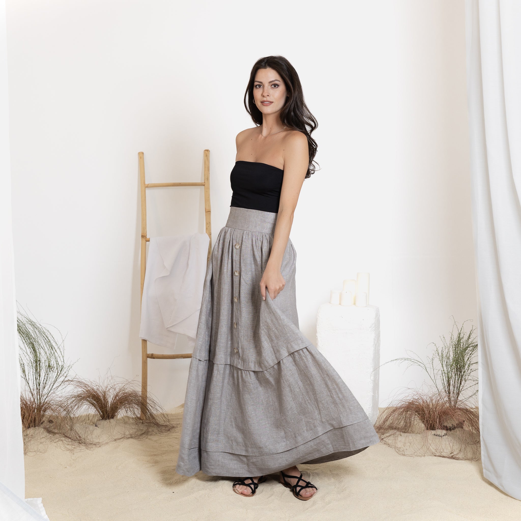 Front View of Maxi Linen Skirt In Gray Melange with Buttons