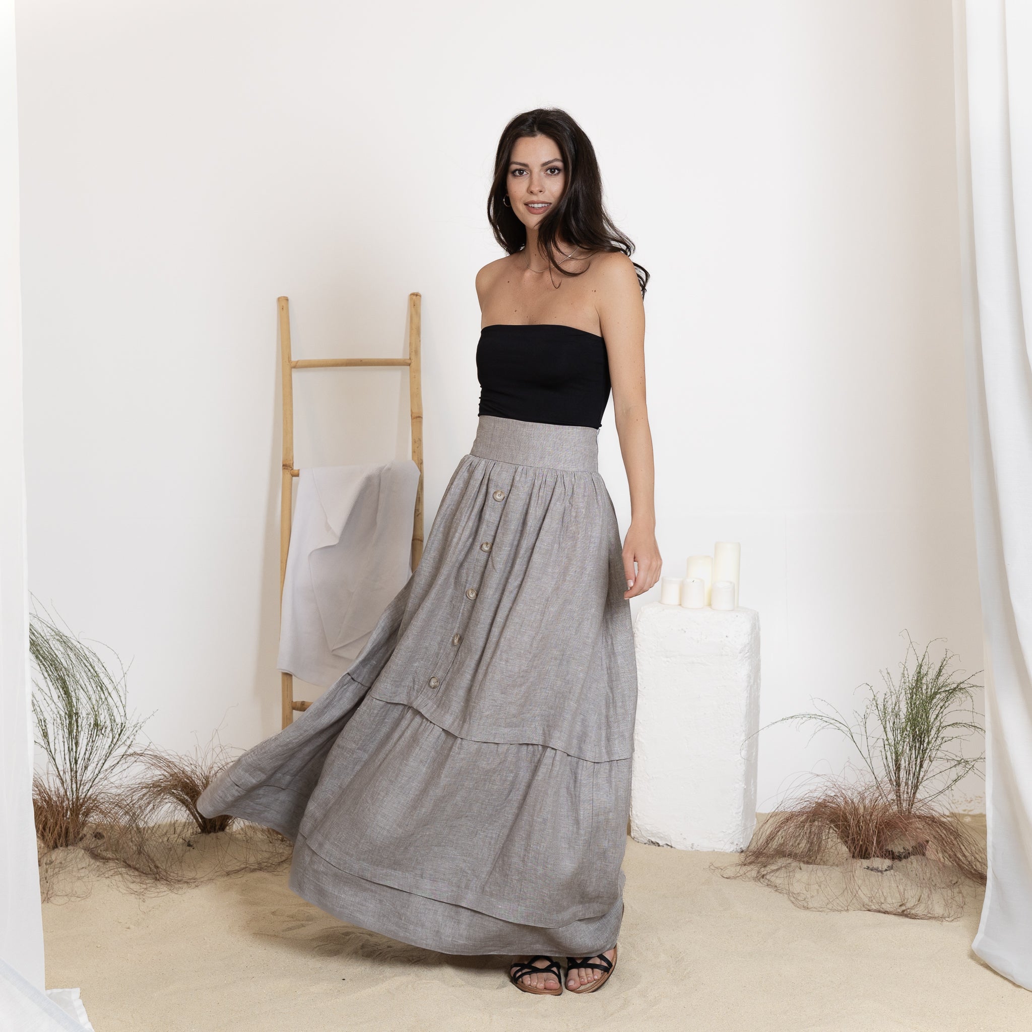Front View of Flared Maxi Linen Skirt In Gray Melange
