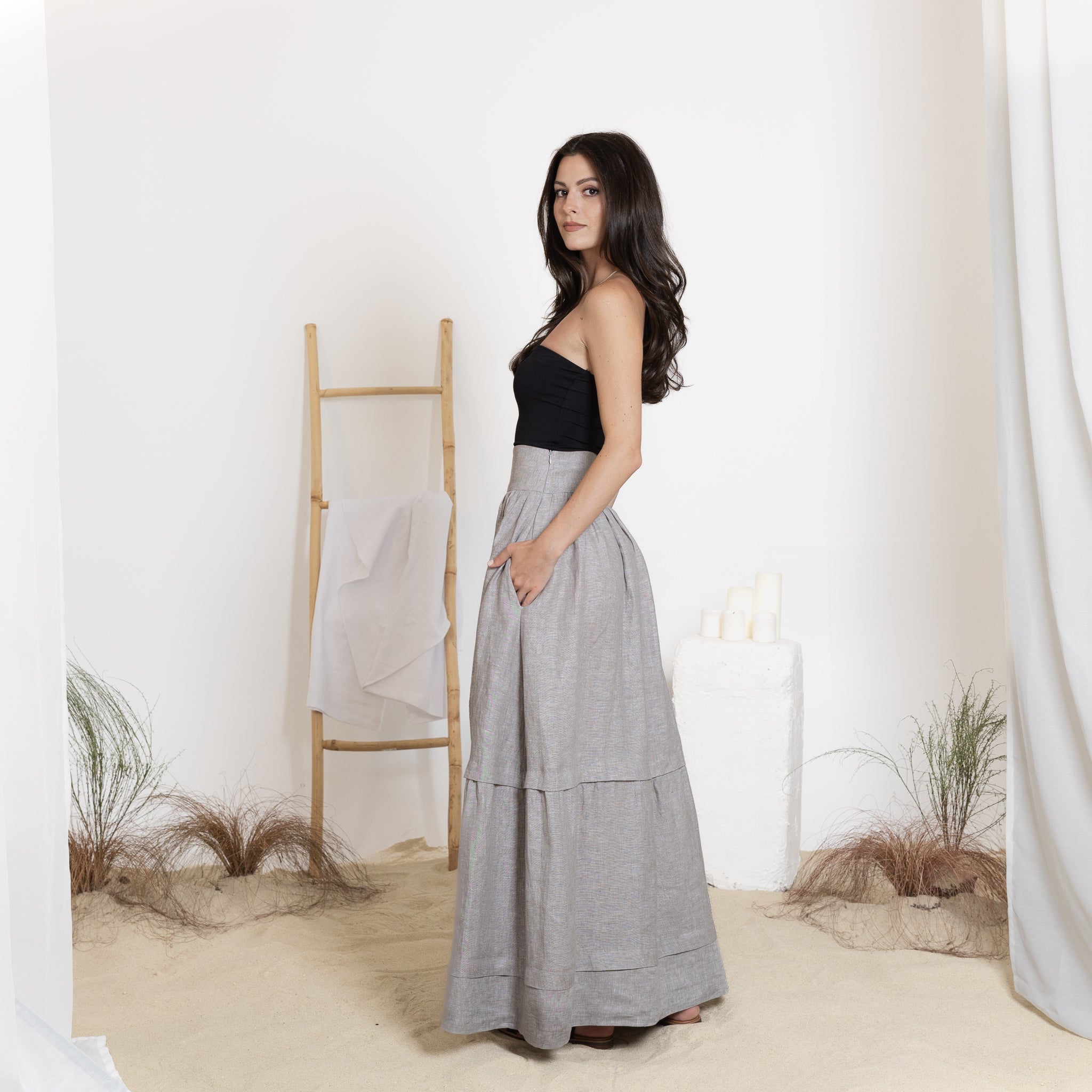 Side View of Maxi Linen Skirt In Gray Melange with Pockets