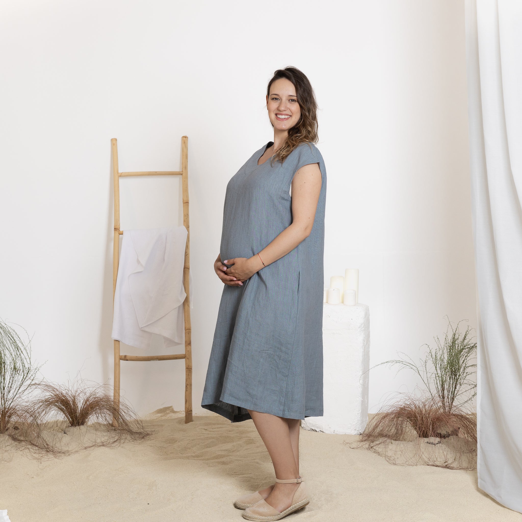 Side view of midi linen dress