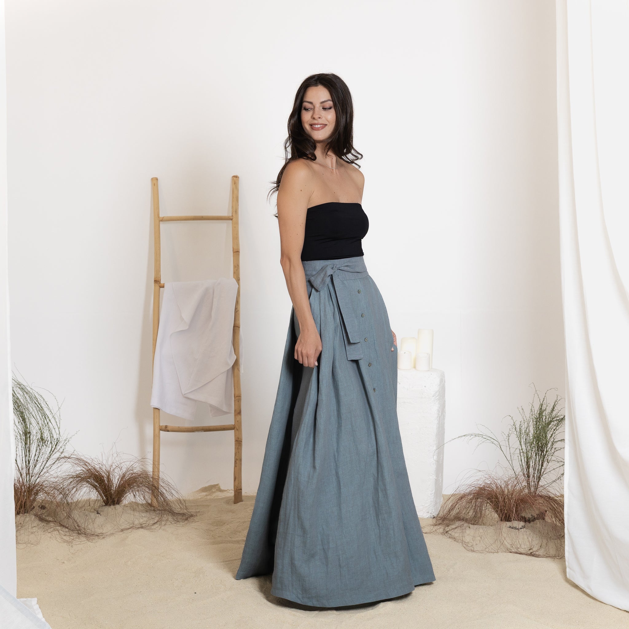 Maxi linen skirt in dusty blue color