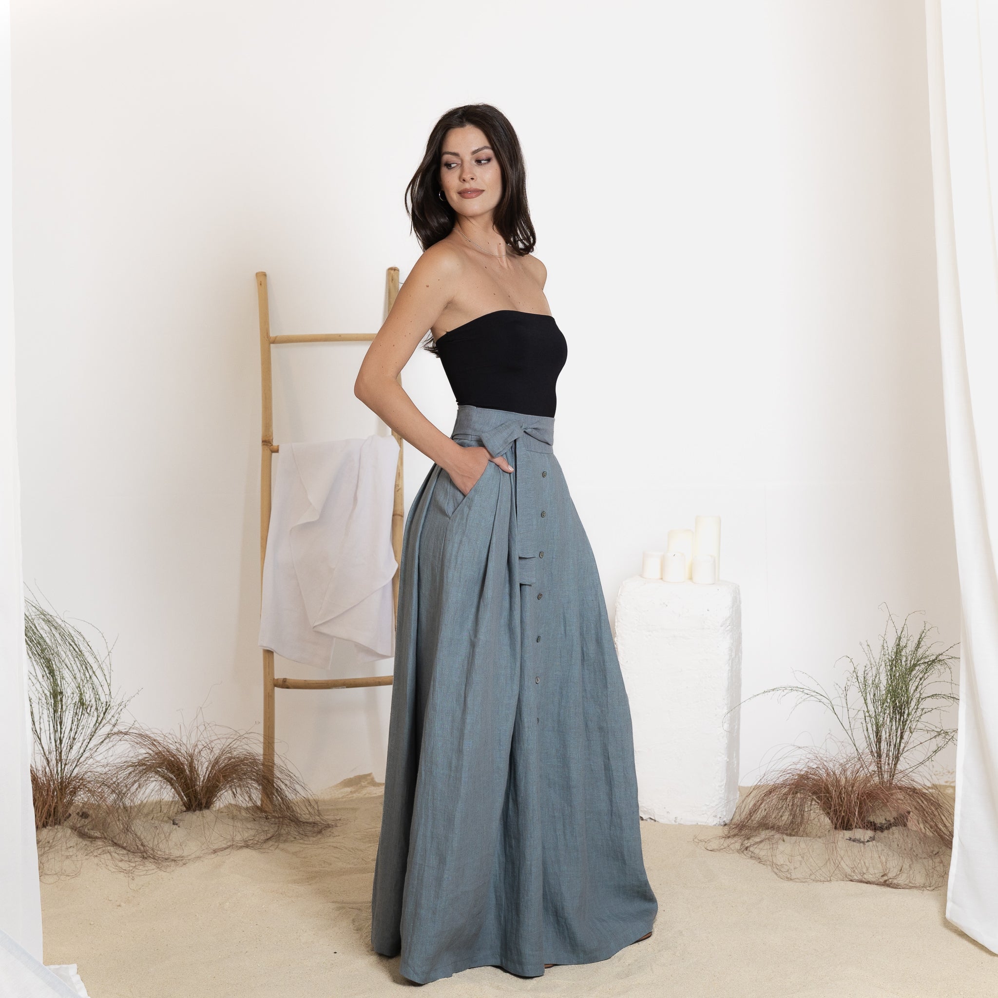 Side view of maxi linen skirt with bow