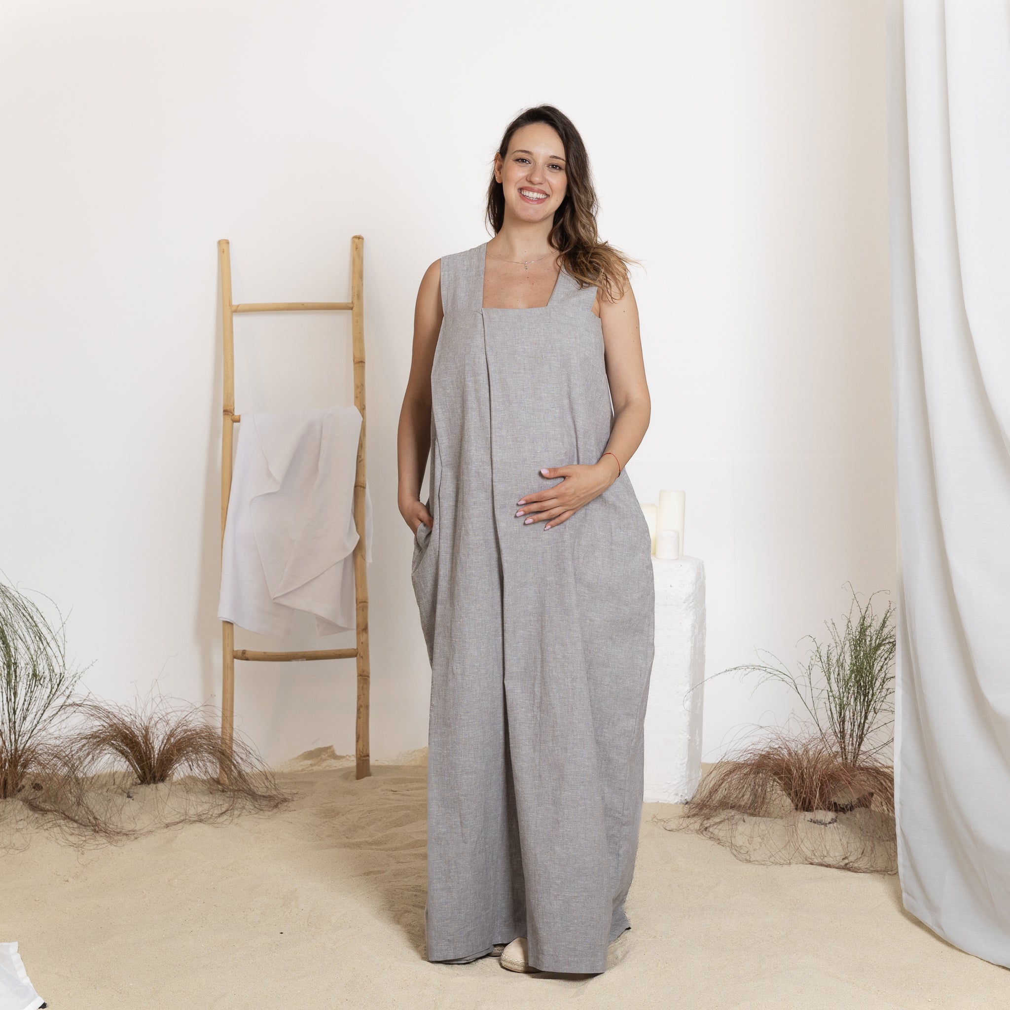 Front view of maxi linen sleeveless dress